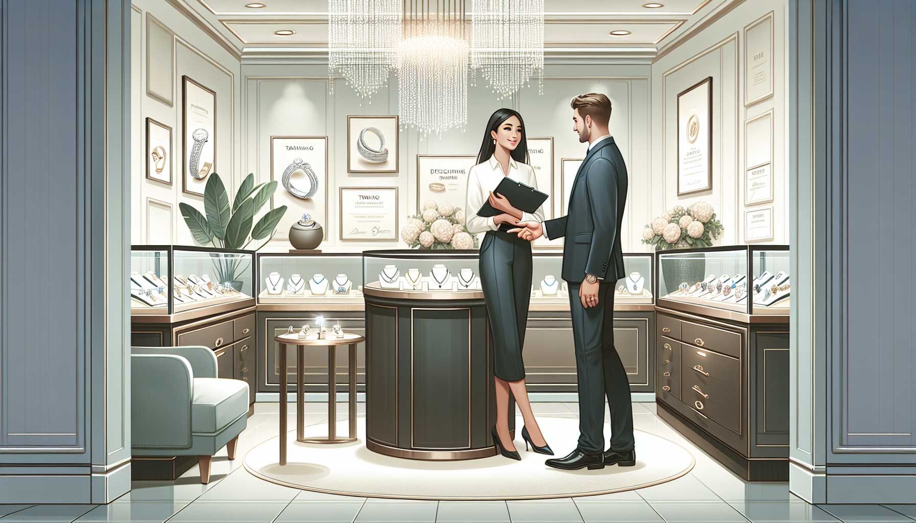 A well-lit, modern jewelry store interior showcasing a confident female salesperson engaged in a warm conversation with a customer. The salesperson is elegantly dressed and stands beside a display of exquisite jewelry pieces such as rings, necklaces, and bracelets. The atmosphere is inviting and professional, with soft lighting highlighting the sparkle of the jewels. On the wall, there are certificates of training and achievements displayed, symbolizing educational development and team culture. The scene conveys a positive, supportive team environment, complementing the educational theme of building confidence in a jewelry sales team.