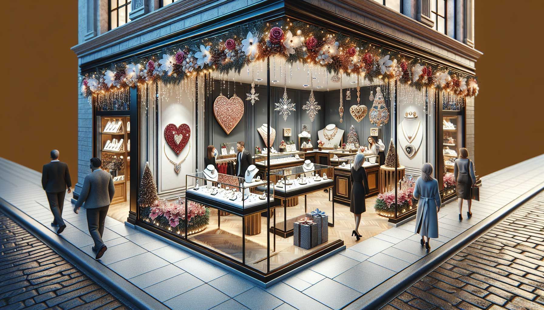 A photo-realistic landscape image featuring a stylish jewelry store during a vibrant seasonal event, with festive decorations highlighting seasonal trends such as Valentine's Day and Christmas. Inside the store, elegant display cases showcase seasonal jewelry pieces like heart-shaped rings and sparkling earrings. Outside, customers admire the festive window displays adorned with flowers and twinkling lights. The ambiance suggests a welcoming and engaging atmosphere, emphasizing customer experience and seasonal marketing strategies.