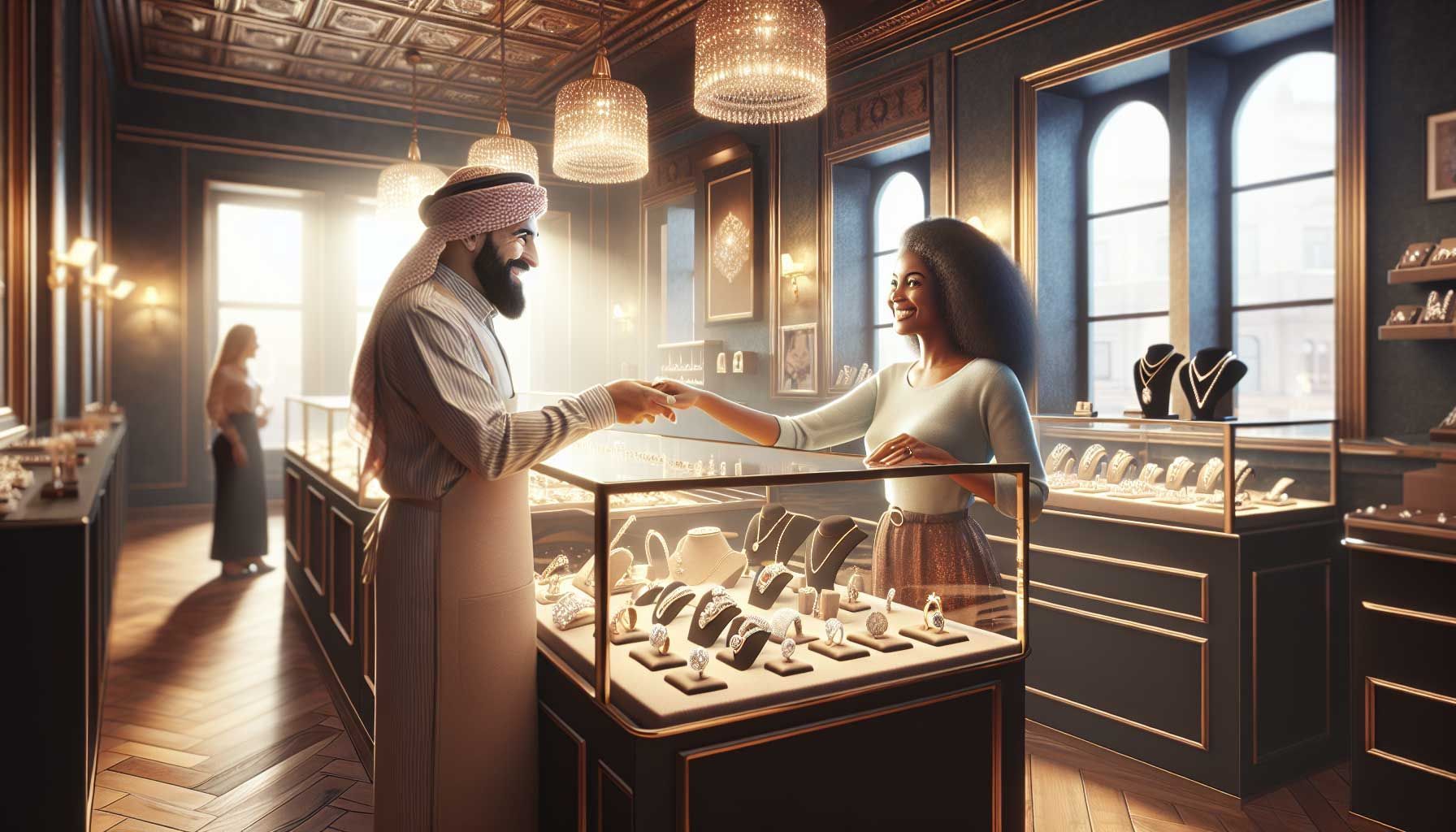 A beautifully arranged jewelry store interior, showcasing elegant displays of sparkling jewelry pieces like rings, necklaces, and bracelets. The lighting is soft and inviting, casting a warm glow on the jewelry, while a friendly jeweler is interacting with a happy customer. The atmosphere feels personal and welcoming, highlighting key aspects of customer appreciation in a jewelry business. The background features tasteful decorations and promotional materials that emphasize exclusivity and customer care. The overall composition captures the essence of creating a unique customer experience.