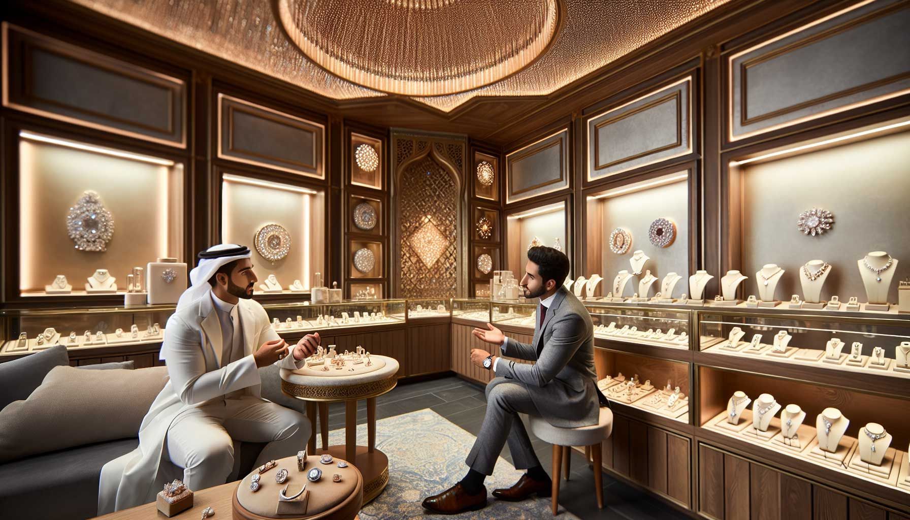 A beautifully designed jewelry store interior, showcasing an array of elegant jewelry pieces such as rings, necklaces, and bracelets on display. The shop is well-lit, emphasizing the sparkle of the diamonds and gemstones. In the foreground, a knowledgeable jeweler is actively engaging with a customer, listening attentively as they discuss preferences and needs. The ambiance reflects a warm and inviting atmosphere, with rich wooden displays and soft neutral colors, conveying a sense of luxury and trust. The scene captures a moment where expectations are being communicated and managed effectively, representing the educational theme of managing customer expectations during the sales process.