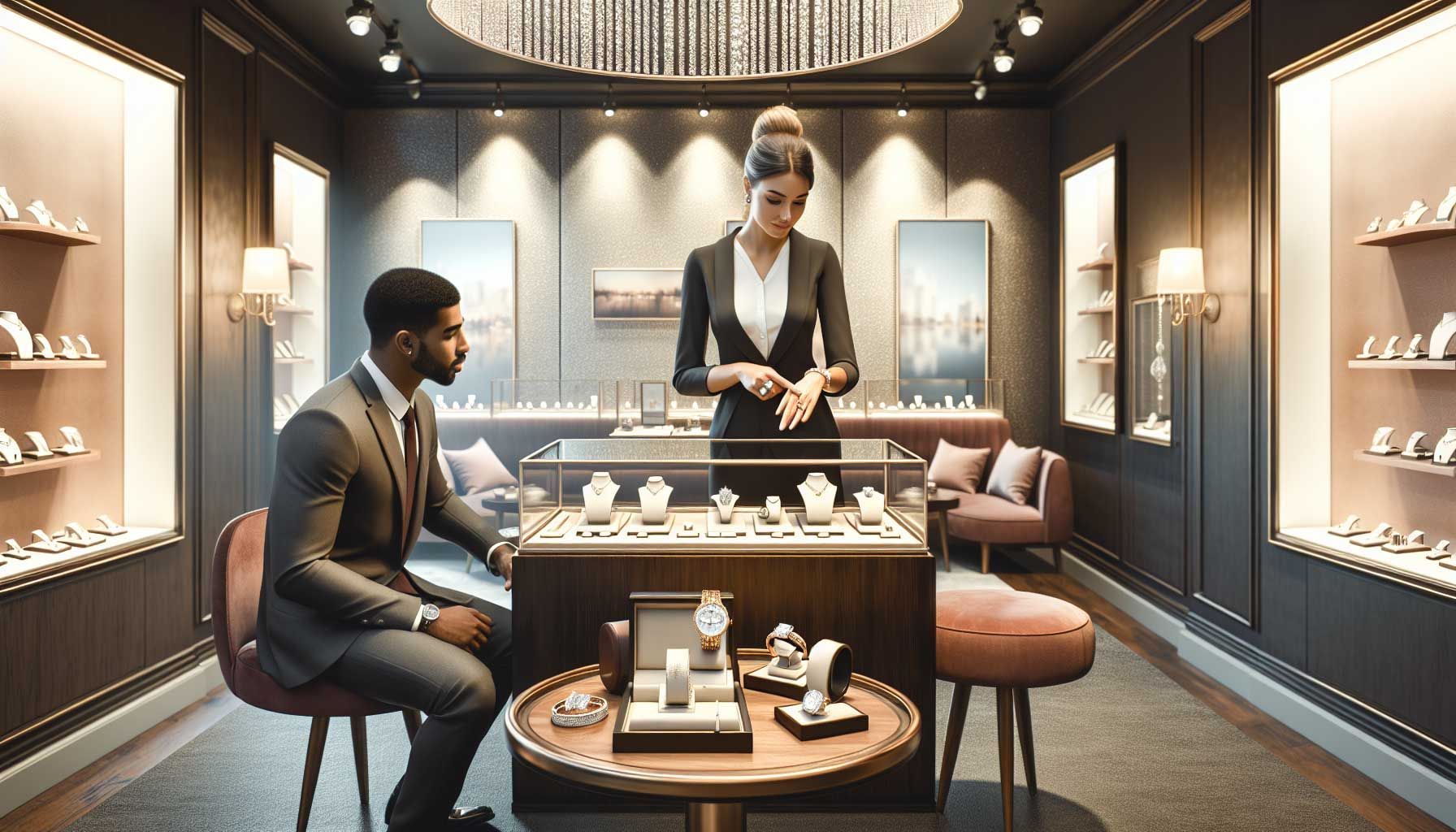 A luxurious jewelry store interior with elegant display cases showcasing sparkling diamond rings, necklaces, and watches. A well-dressed jeweler is engaging with a customer at a polished wooden counter, presenting a piece of jewelry with confidence. The store is well-lit, creating a warm and inviting atmosphere. In the background, soft ambient lighting highlights intricate details of the jewelry, while a comfortable seating area for clients is visible, complete with refreshing beverages like coffee and tea on a small table. The overall scene conveys professionalism and a focus on customer engagement and satisfaction, suitable for preparing for an important sales conversation.