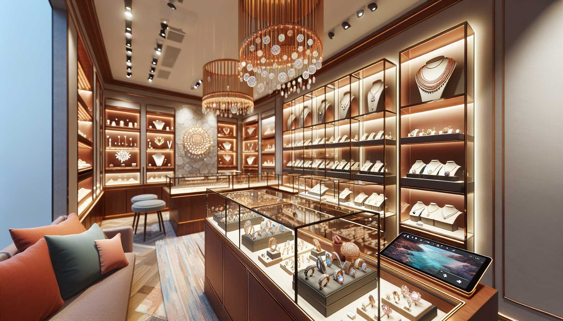 A beautifully designed jewelry display inside a jewelry store, showcasing an array of sparkling jewelry pieces including necklaces, bracelets, and rings. The setting features elegant glass display cases with warm LED lighting highlighting the brilliance of the jewelry. Behind the displays are varying levels of presentation, with decorative elements like soft fabrics and natural materials such as wood and stone that enhance the luxurious feel. A subtle seasonal color theme complements the jewelry, and there are hints of interactive technology, like a tablet showcasing virtual try-ons nearby. The atmosphere is sophisticated and inviting, capturing the essence of an upscale jewelry shopping experience in a photo-realistic style.