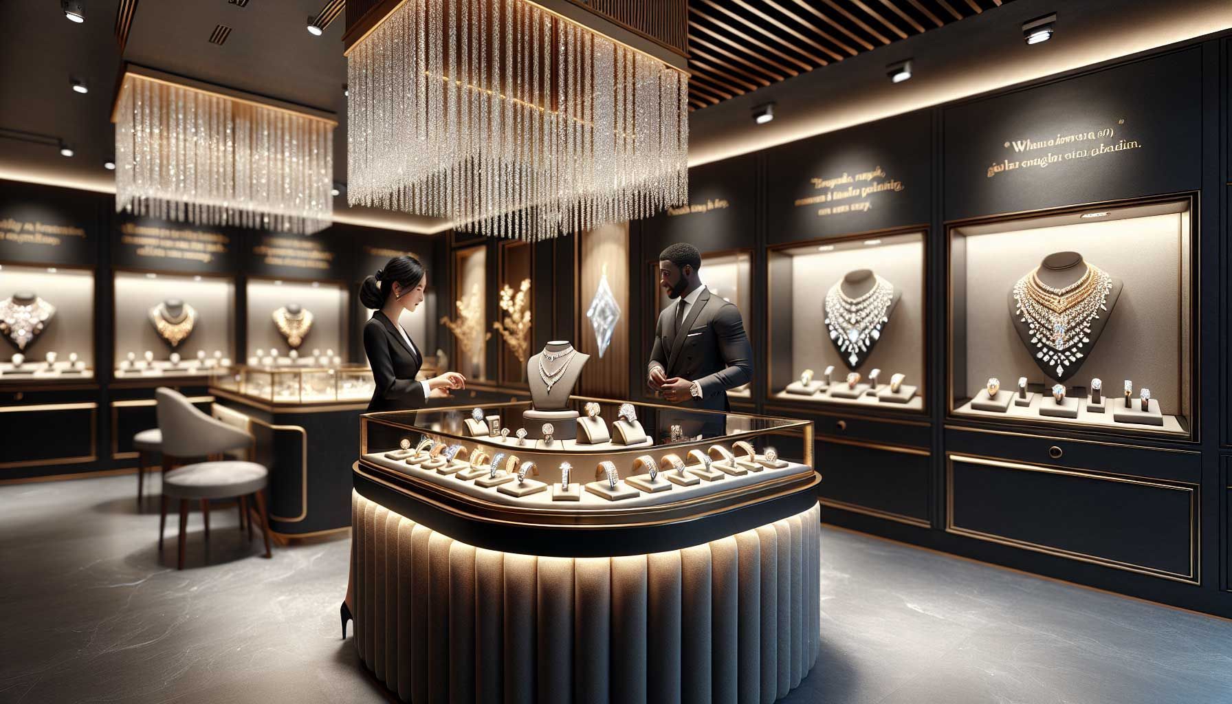 A photorealistic image depicting a luxurious jewelry shop interior, elegantly designed with soft warm lighting. In the foreground, a well-dressed jeweler is engaging with a customer, showcasing beautiful jewelry pieces on a velvet-lined display. In the background, there are beautiful diamond rings and necklaces, with motivational quotes subtly displayed on the walls. The ambiance conveys a sense of calm, passion, and professionalism, reflecting the theme of maintaining motivation after a challenging sales day.