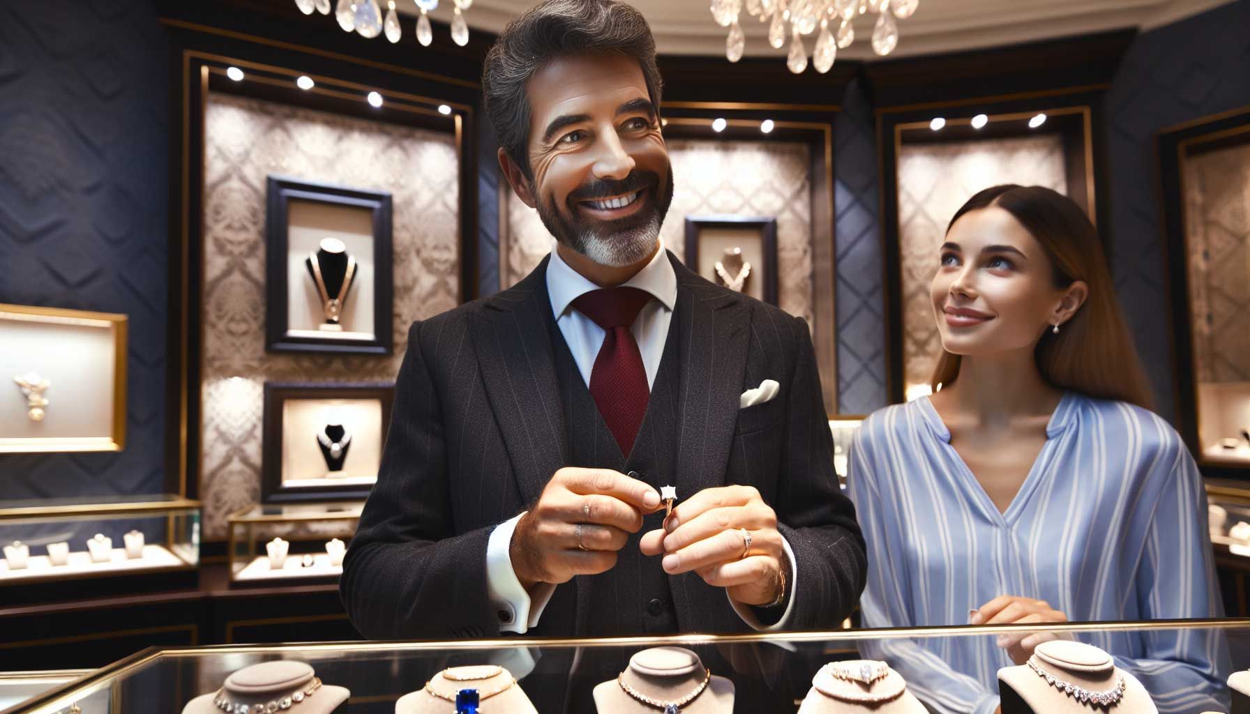 A charming jewelry store interior, elegantly decorated with a variety of sparkling gemstones and fine jewelry displayed on plush velvet stands. A friendly jeweler, a middle-aged man with a warm smile, is showing a beautiful diamond ring to a delighted customer, a young woman with an appreciative expression. There’s soft, ambient lighting creating a welcoming atmosphere, and a backdrop of subtle, luxurious decor. The scene captures the essence of positive communication and customer connection in a retail environment.