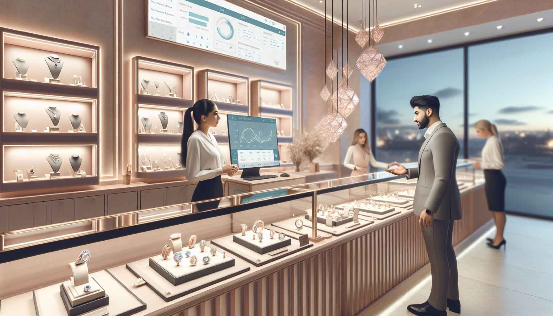 A well-lit, upscale jewelry store interior, showcasing elegant jewelry displays with sparkling diamonds and gold pieces. In the foreground, a delicate laptop displaying a user-friendly inventory management dashboard integrated with a CRM system. The environment reflects a blend of technology and luxury, emphasizing the importance of integrating inventory management with customer relationship management in a jewelry business. Soft ambient lighting enhances the luxurious atmosphere, creating a photo-realistic scene that conveys professionalism and modern retail solutions.