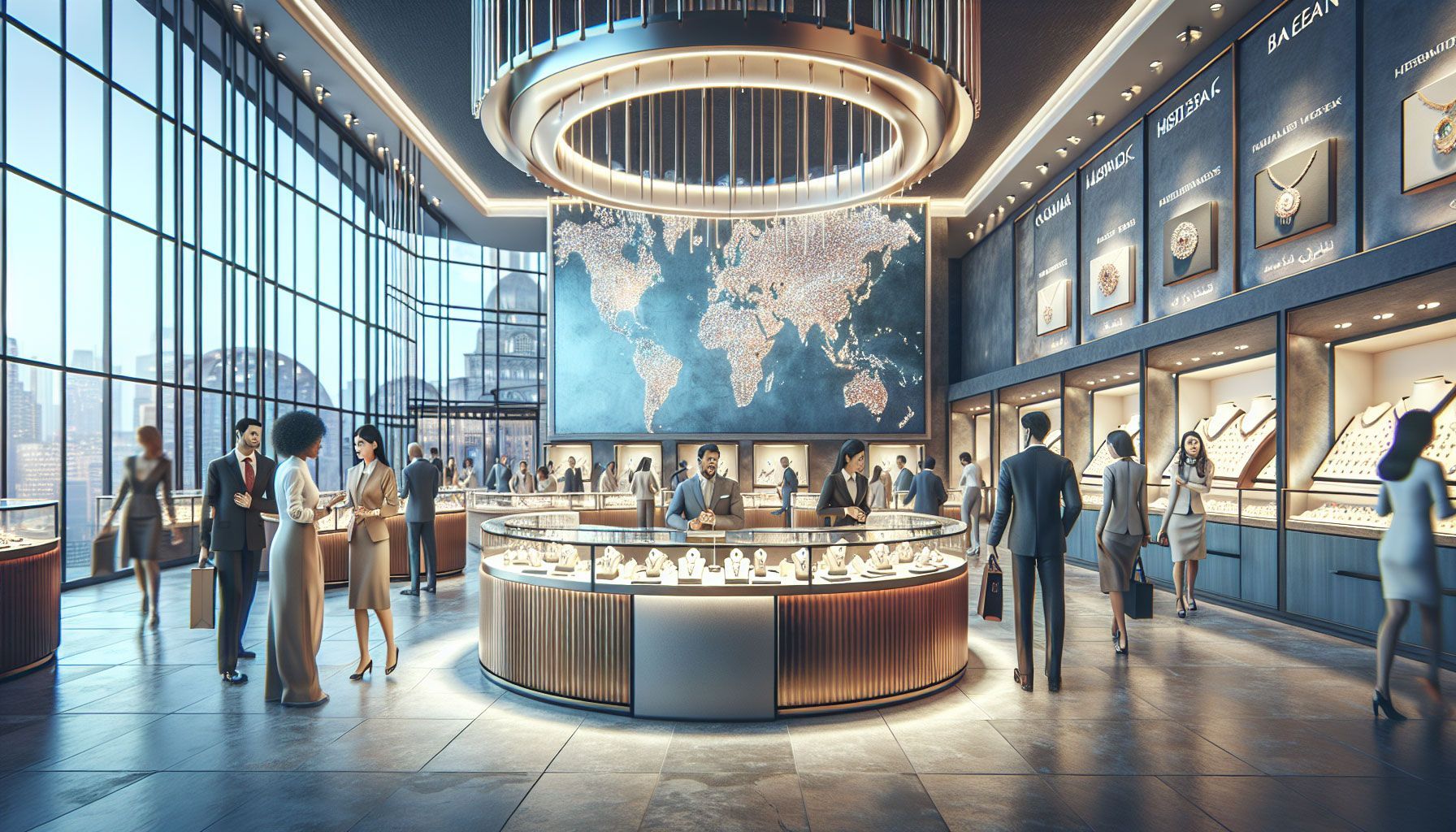 A photo-realistic image of a modern jewelry store with an international vibe, showcasing a diverse range of elegant jewelry pieces. The store is bustling with customers of different ethnicities, interacting with a friendly staff member. In the background, a world map is displayed, emphasizing international sales and market research. Bright, inviting lighting highlights the jewelry, and the overall atmosphere conveys a sense of global commerce and customer engagement.