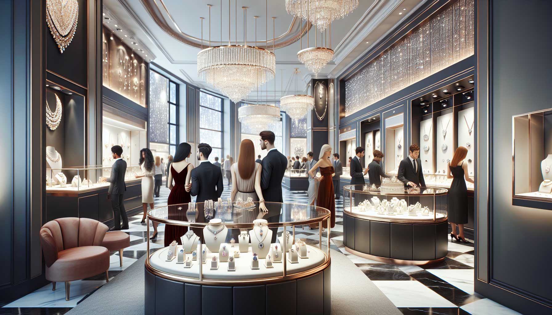 A beautifully arranged jewelry display in a luxurious store setting, showcasing new collections of fine jewelry including necklaces, rings, and bracelets. The lighting highlights the sparkle of the gemstones and metals, creating an inviting atmosphere. Elegant customers browsing and interacting with friendly staff, conveying a sense of excitement and engagement. The overall scene reflects a blend of modernity and sophistication, representing a successful product launch in a jewelry store.