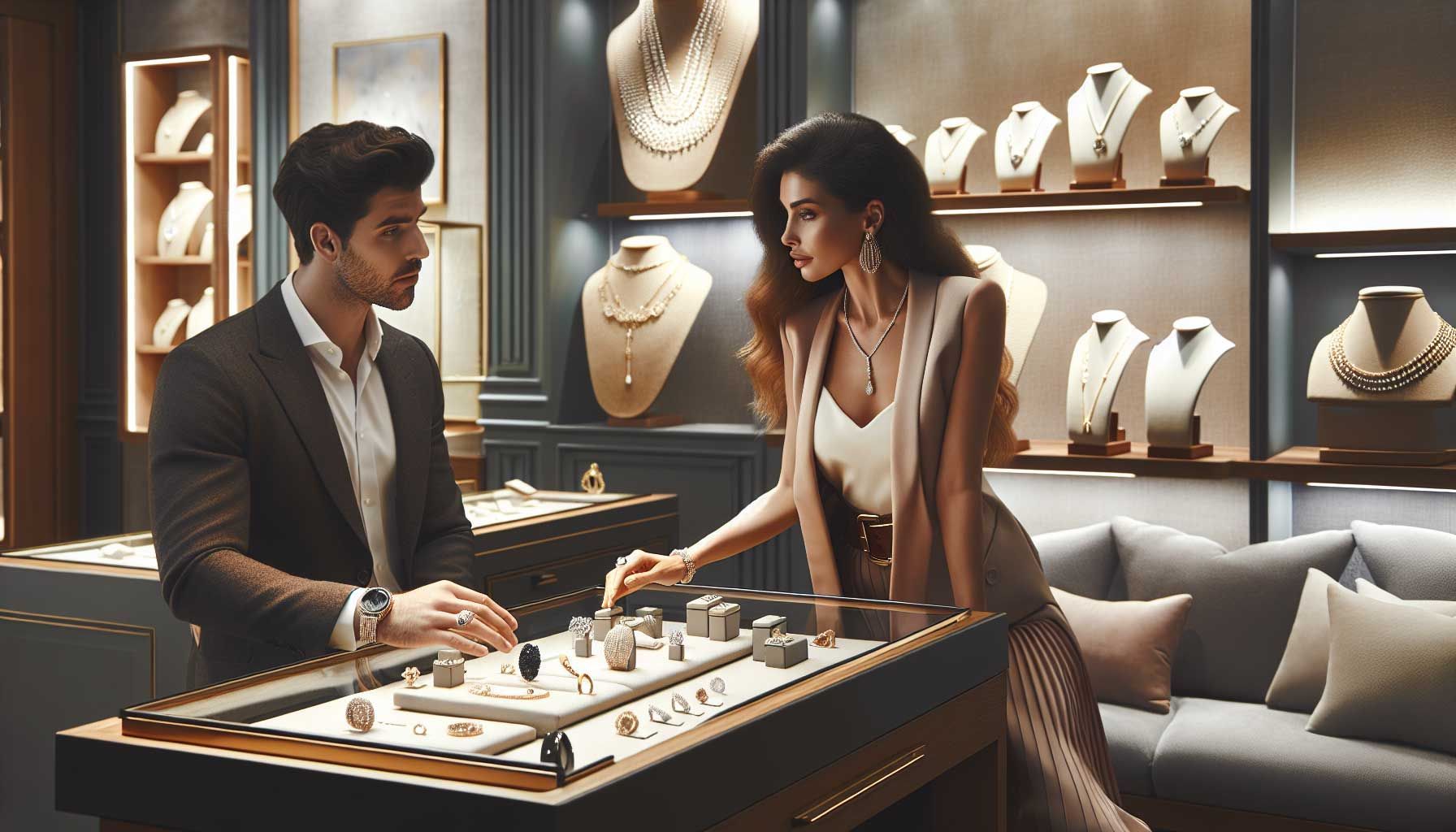 Een elegante juwelierswinkel met een luxe sfeer, waar een juwelier in gesprek is met een klant over exclusieve, op maat gemaakte juwelen. Op de achtergrond zijn verfijnde displays van unieke sieraden te zien, onderverlicht om hun schoonheid te accentueren. De juwelier toont een prachtig, gepersonaliseerd juweel, terwijl de klant geboeid kijkt. De winkel heeft een moderne uitstraling met elegante meubels en een warme, uitnodigende kleurenschema, met een gevoel van exclusiviteit en luxe die uitnodigt tot een diepgaand verkoopgesprek.