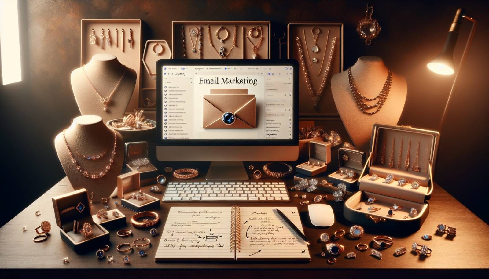 A captivating landscape image featuring an elegant jeweler's workspace with a computer screen showing an email marketing campaign. The background includes beautifully arranged jewelry pieces like rings, necklaces, and bracelets. Soft, warm lighting enhances the luxurious feel, and a notepad with handwritten notes on email strategies sits next to the computer, suggesting a professional atmosphere focused on effective communication and marketing for e-commerce jewelers.