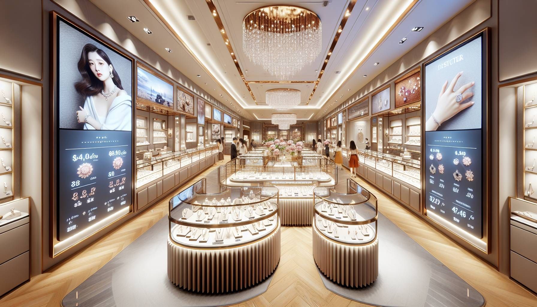 A photo-realistic image depicting a luxurious jewelry store interior, featuring elegant displays of fine jewelry items such as necklaces, bracelets, and rings. A prominent digital screen showcases various discount codes and promotions in a visually appealing format, emphasizing the urgency and exclusivity of the offers. Soft, warm lighting creates an inviting atmosphere, while a few customers are seen engaging with attentive staff. In the background, banners and promotional materials highlight social media campaigns and loyalty programs, all suggesting a combination of sophistication and modern marketing strategies in e-commerce for jewelers.