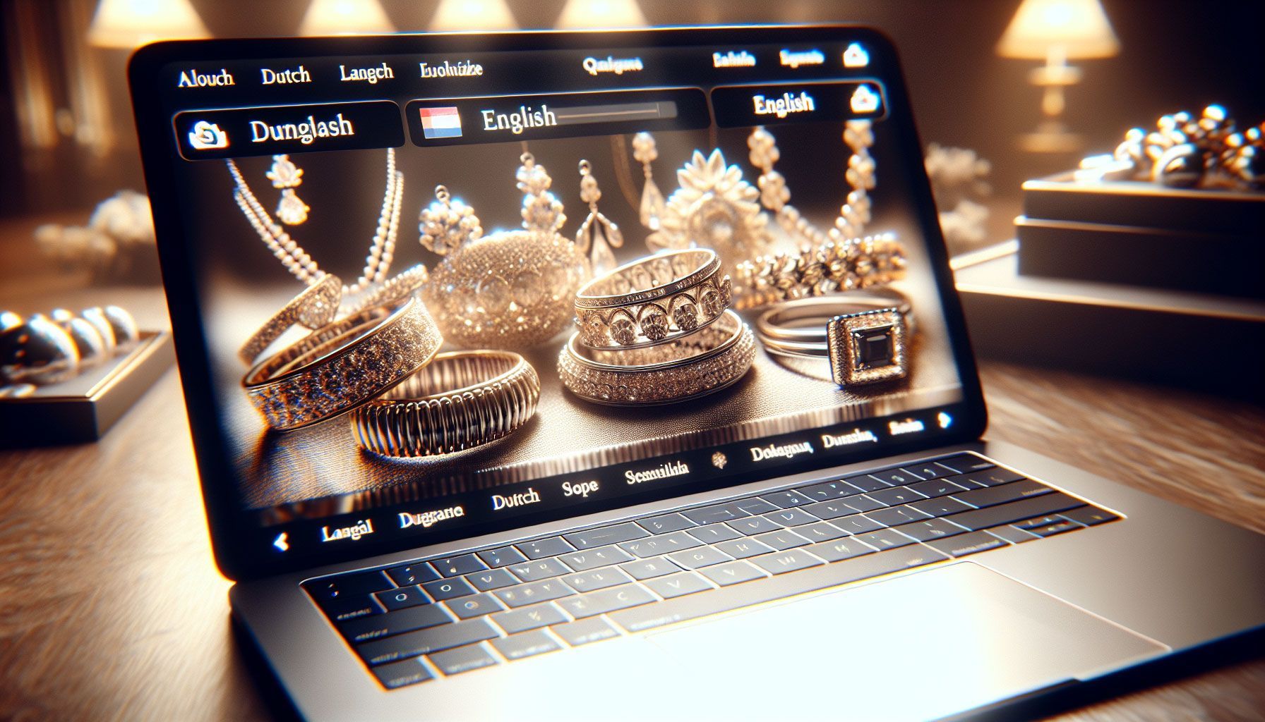 A photo-realistic image of a luxurious online jewelry store interface displayed on a laptop screen. The screen shows multiple language options like Dutch, English, and Spanish, with elegant jewelry items like rings, necklaces, and bracelets in the foreground. The background features soft-focused sparkling jewelry pieces, representing a sense of refinement and sophistication. The setting is well-lit, suggesting an inviting online shopping atmosphere, with hints of cultural elements subtly blended into the design.