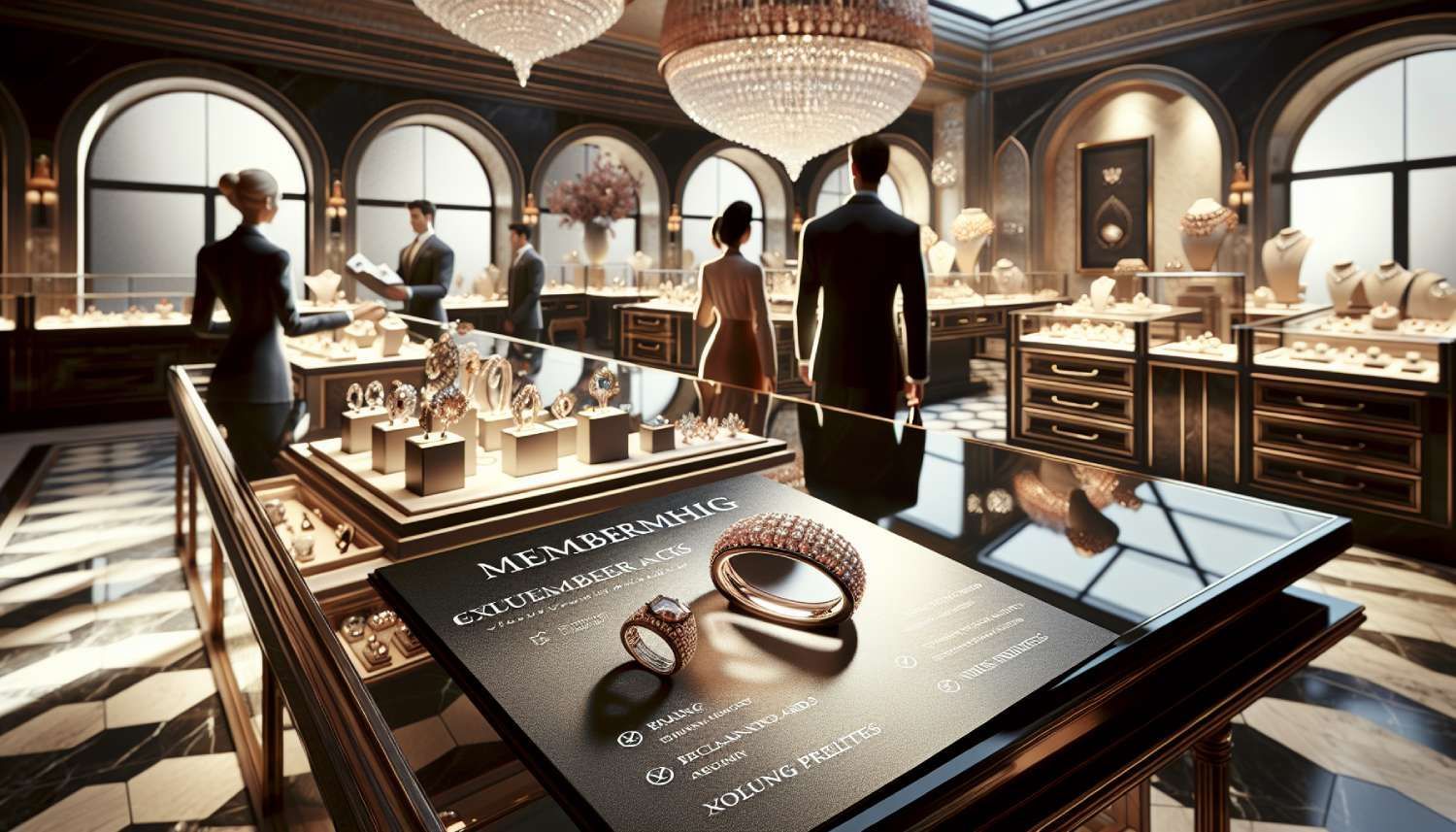 A luxurious jewelry store interior, featuring elegant displays of rings, necklaces, and bracelets. A warm, inviting atmosphere with well-dressed staff engaging with customers. In the foreground, a beautiful loyalty program brochure showcasing exclusive rewards and member benefits on a sleek glass countertop. Soft lighting enhances the upscale vibe, reflecting the aesthetic of a high-end jewelry shopping experience.