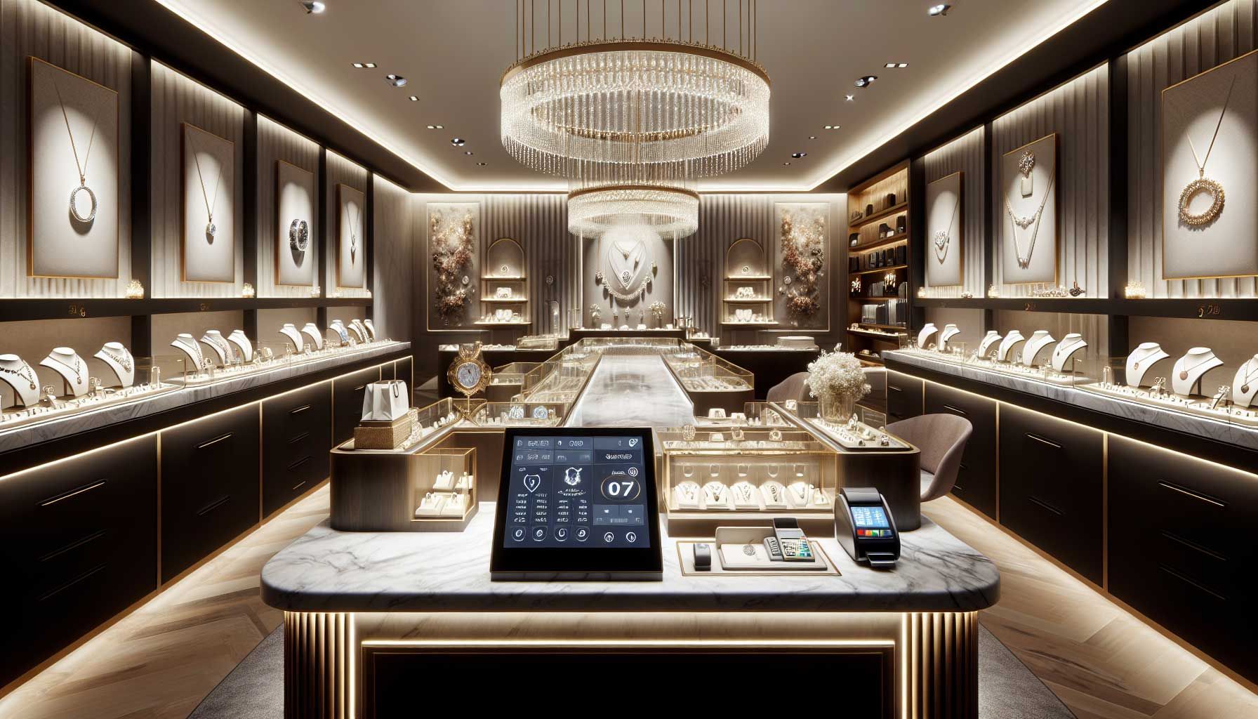 A modern and elegant jewelry store interior, featuring a beautifully designed checkout area with a high-tech cash register. The setting is illuminated with soft lighting that highlights luxurious jewelry displays, including rings, necklaces, and watches. On the counter, there is a sleek digital interface showing various payment options, loyalty programs, and customer statistics, symbolizing the essential functions for jewelers. The atmosphere is warm and inviting, capturing the essence of a high-end jewelry shopping experience.