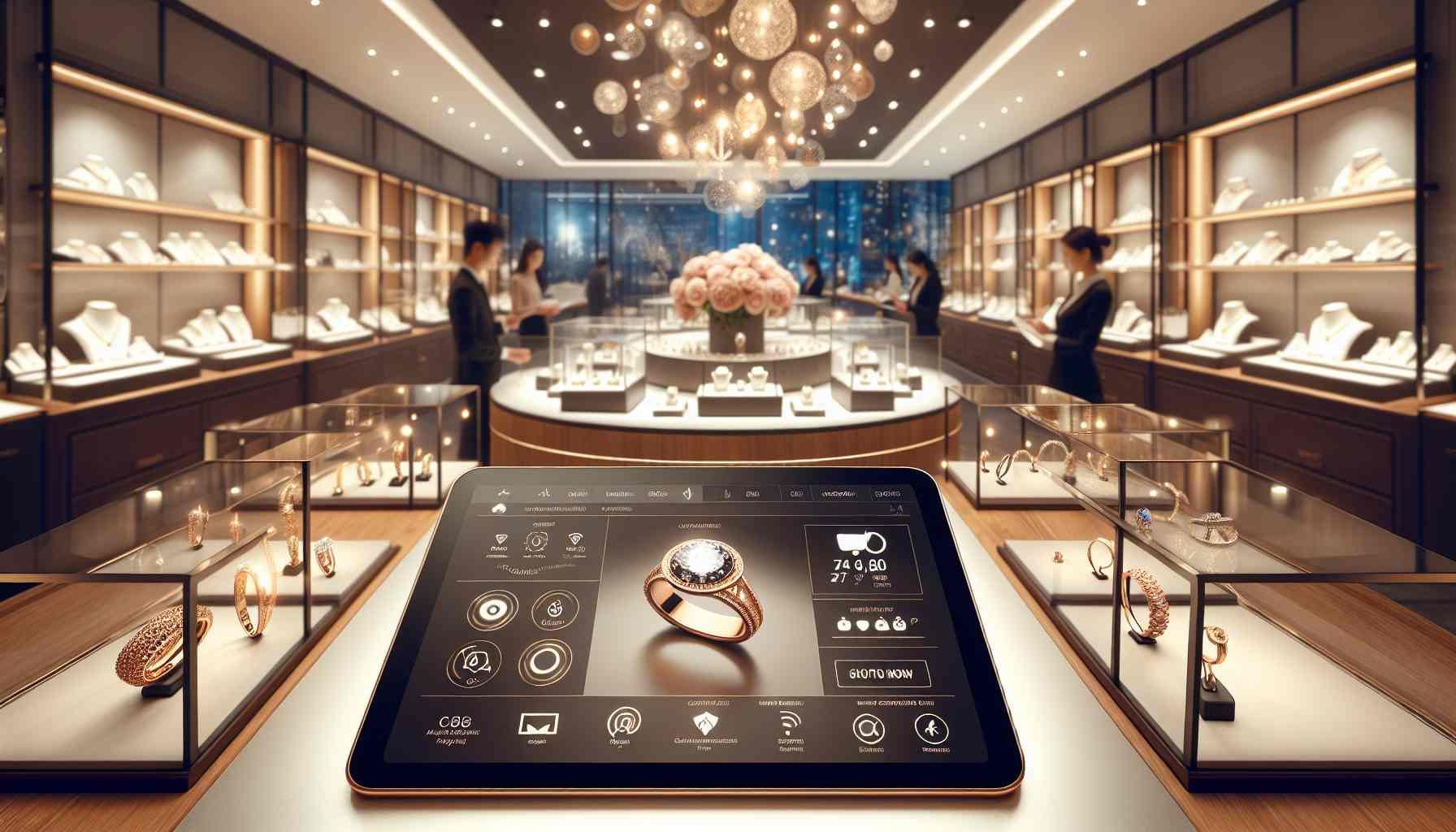 A beautifully arranged display of elegant jewelry pieces, including rings, necklaces, and bracelets, in a stylish jewelry store. The store showcases a modern, sophisticated design with a warm and inviting atmosphere. A blurred background shows a well-organized counter with attentive staff assisting customers, while a large mobile device with a user-friendly website interface is prominently featured on the counter. Bright lighting highlights the brilliance of the jewelry, creating a luxurious feel. A subtle integration of social media icons and analytics visuals can be seen in the background, symbolizing the omnichannel strategy.