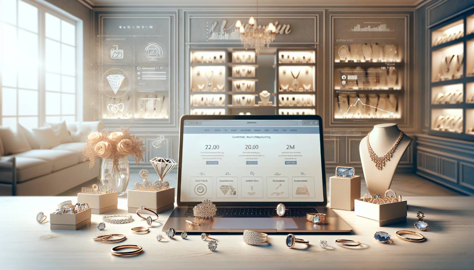 A modern and elegant jewelry store with a sleek website interface displayed on a laptop, surrounded by sparkling jewelry pieces such as rings, necklaces, and earrings. The setting is bright and inviting, showcasing a blend of traditional jewelry design and contemporary digital marketing elements. A soft, luxurious color palette with hints of gold and silver reflects sophistication. In the background, a blurred but attractive social media marketing campaign can be seen, symbolizing online reach, while elements like analytics graphs and customer reviews hint at data analysis and customer service improvement. The overall composition should evoke a sense of empowerment for jewelers embracing the online sales landscape.