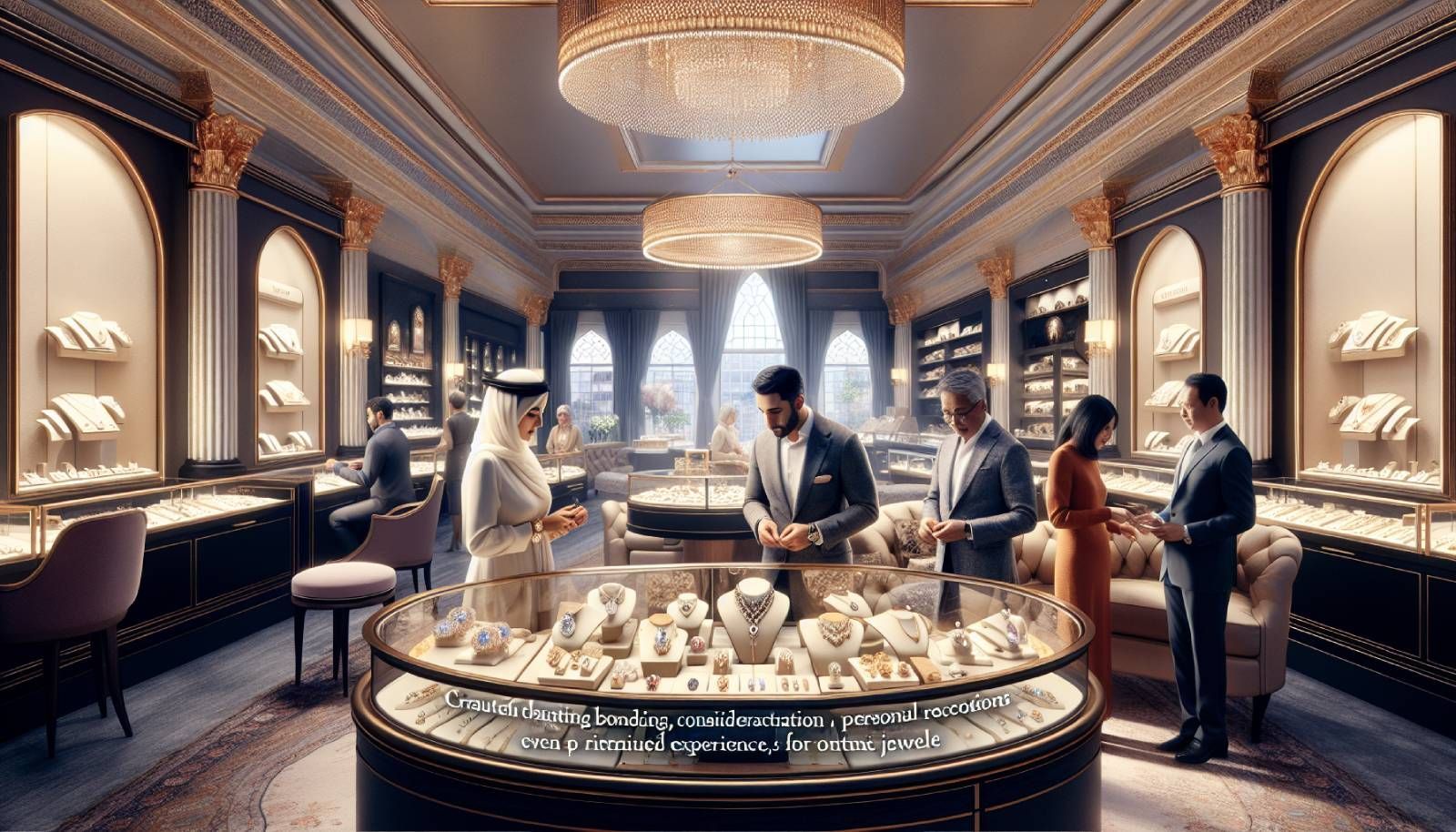 A luxurious and elegant jewelry store interior showcasing a warm and inviting atmosphere. A diverse group of customers engaged in a personalized shopping experience, with a jeweler assisting one client. The setting features beautifully displayed jewel pieces, soft lighting that highlights the craftsmanship, and digital screens showing personalized recommendations. The overall vibe is one of connection, care, and sophistication, emphasizing the importance of customer relationships in an online retail context. The image embodies the theme of creating personal experiences for online jewelry customers.