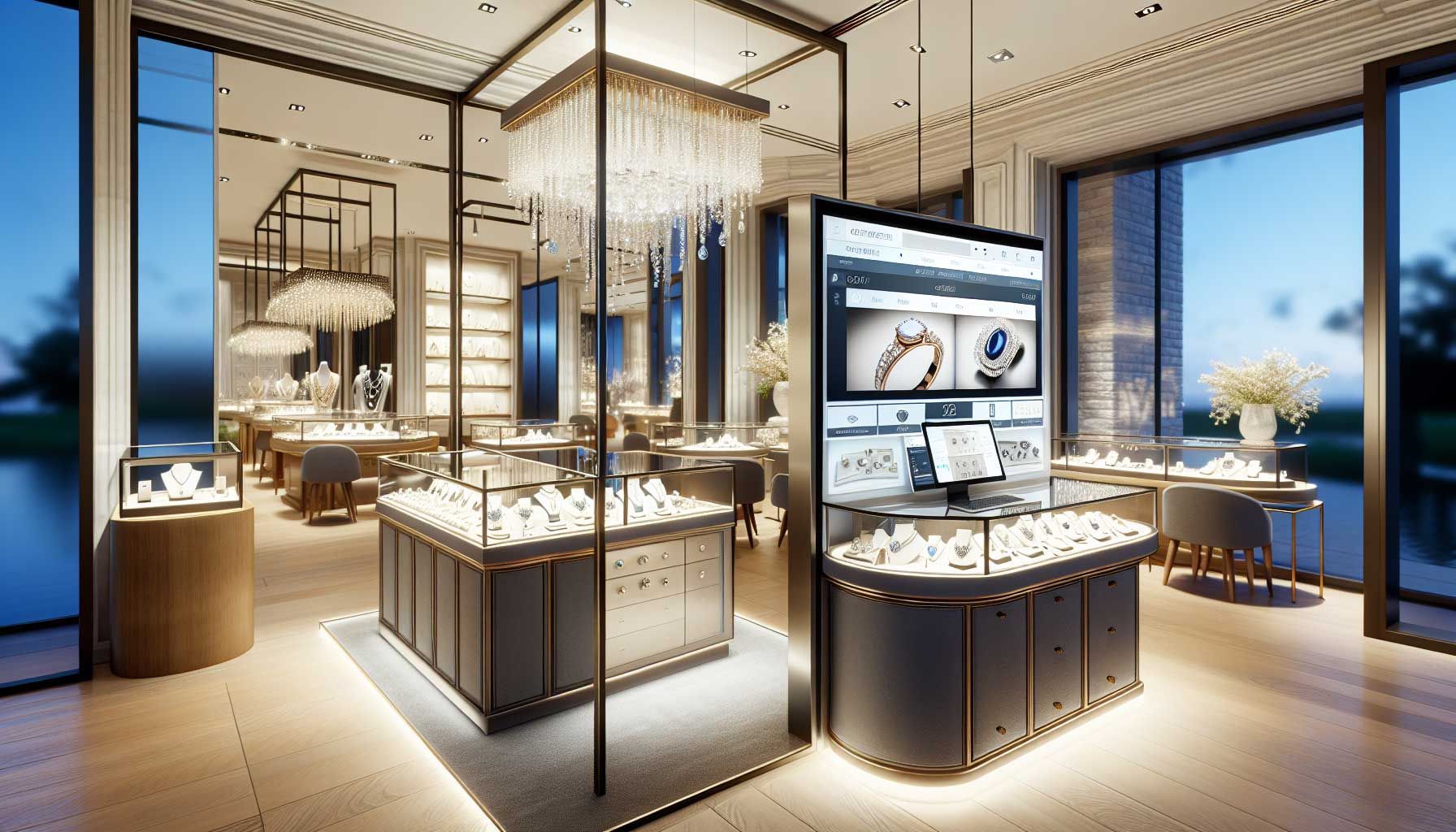 A photo-realistic image of a modern jewelry store interior with an elegant online shopping section visible, showcasing beautiful jewelry displays and a sleek computer setup, highlighting the contrast between traditional and digital retail. Soft lighting enhances the luxurious feel, while a digital screen shows an online jewelry shop interface. The aesthetic should appeal to jewelers, emphasizing sophistication and innovation in e-commerce.