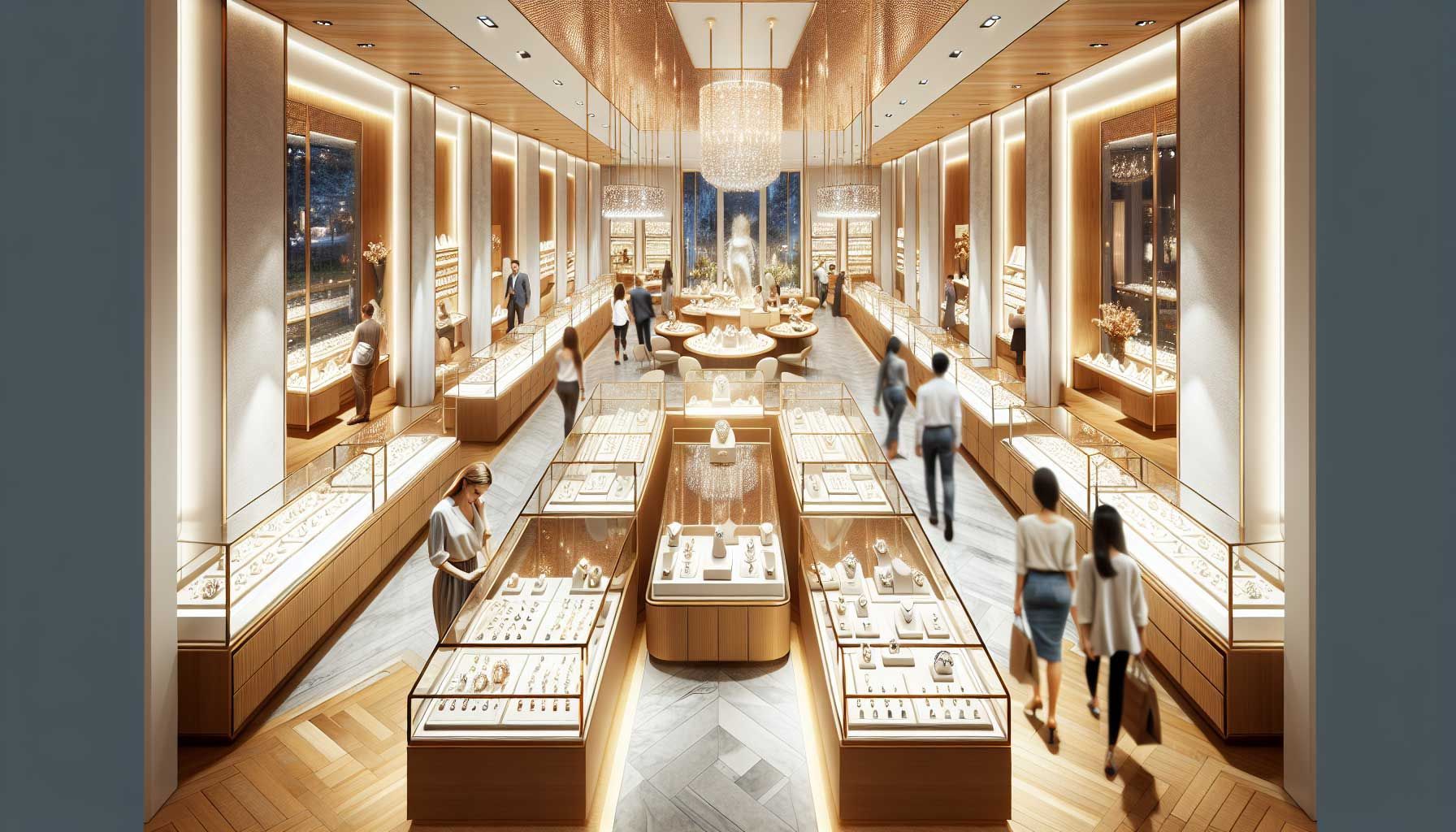 A beautifully organized jewelry store interior, showcasing elegant displays of sparkling rings, necklaces, and bracelets. The layout is spacious and inviting, with clear pathways for customers to navigate easily. Soft, warm lighting highlights the jewelry, creating an atmosphere of luxury and sophistication. Each display is arranged methodically by category and price, with a clean, polished aesthetic. Customers are seen browsing engagingly and interacting with well-trained staff, who are ready to assist. The overall environment exudes cleanliness and professionalism, emphasizing the importance of organization in enhancing the shopping experience.