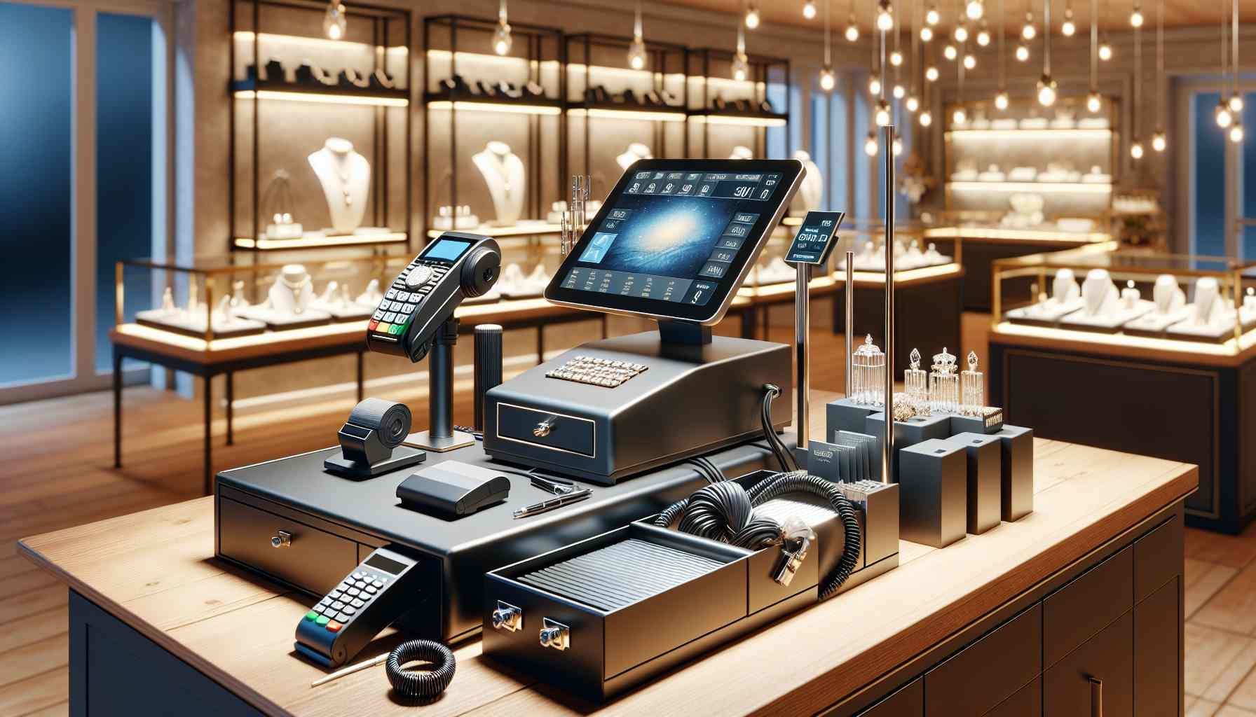 A highly detailed and photo-realistic image showcasing a modern jewelry store's point of sale (POS) system setup. The image includes a sleek cash register, a barcodescanner, a receipt printer, a label printer, a cash drawer, a payment terminal, and various accessories and cables. The setting has a luxurious feel with elegant jewelry displays visible in the background, creating an inviting atmosphere. The lighting is warm and professional, emphasizing the quality of the hardware.