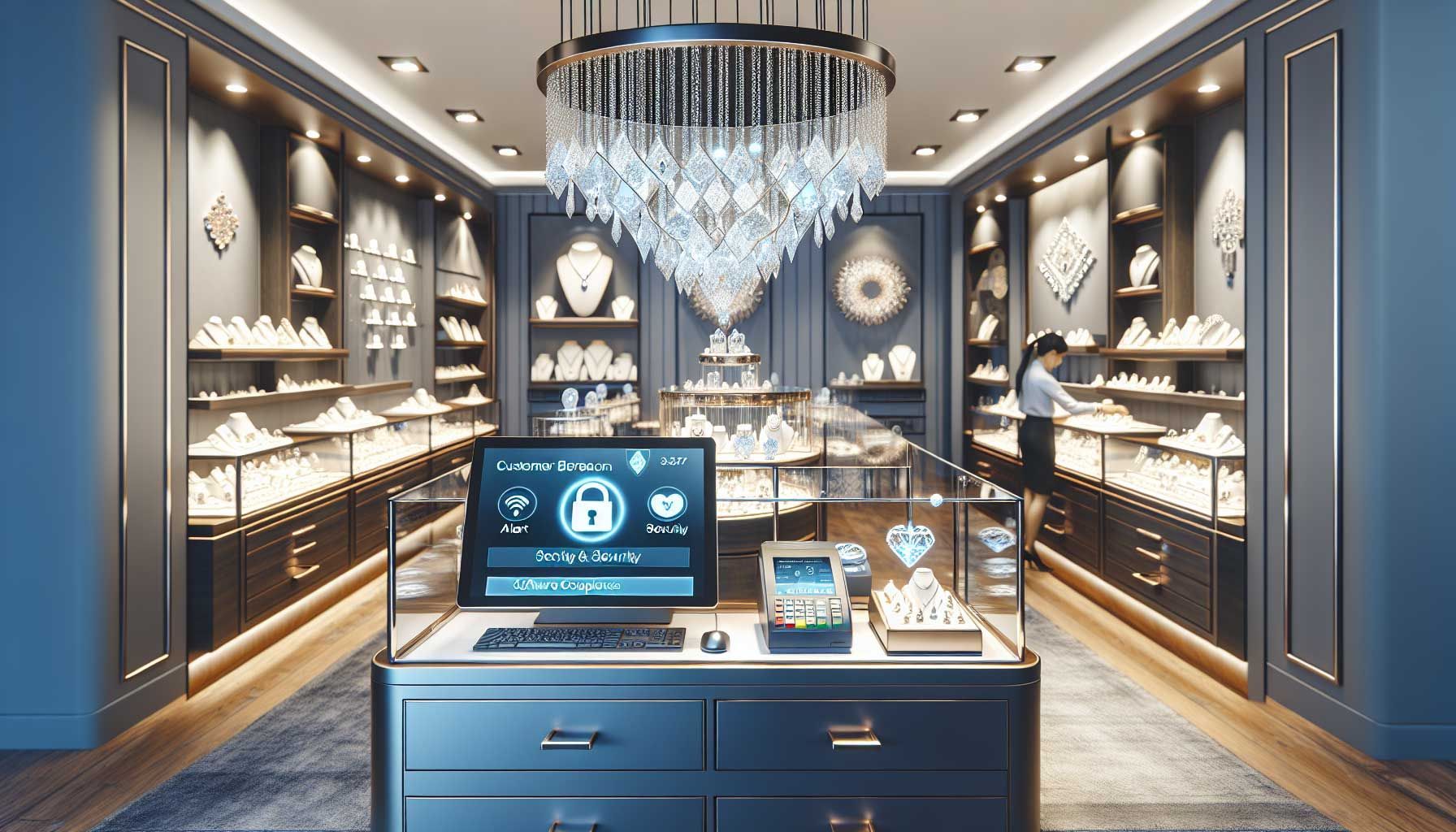 A modern jewelry store interior showcasing a sleek and secure point-of-sale (POS) system, surrounded by sparkling jewelry displays. An alert popup on the POS screen indicates a security breach attempt, emphasizing the need for robust customer data protection. The store is well-lit, with a warm, inviting atmosphere, and a security badge icon subtly embedded on the screen to symbolize software compliance and data privacy. In the background, a staff member is attentively monitoring the system, portraying professionalism and vigilance in customer information security. Photorealistic style with rich colors and detailed textures.