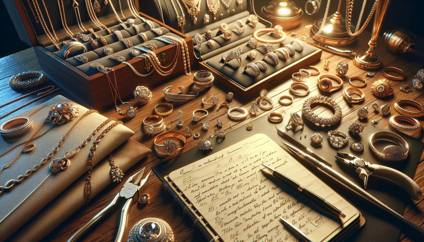 A highly detailed and photo-realistic image of a luxurious jewelry workshop. The scene features a shining array of elegant jewelry designs, including rings, necklaces, and bracelets displayed on a polished wooden table. Soft, warm lighting illuminates the delicate gold and silver pieces, with sparkling gemstones catching the light. In the background, there are tools such as pliers and a magnifying glass, along with an open notebook filled with handwritten notes on pricing strategies. The atmosphere conveys a sense of sophistication and professionalism, reflecting the theme of pricing jewelry in an online shop.