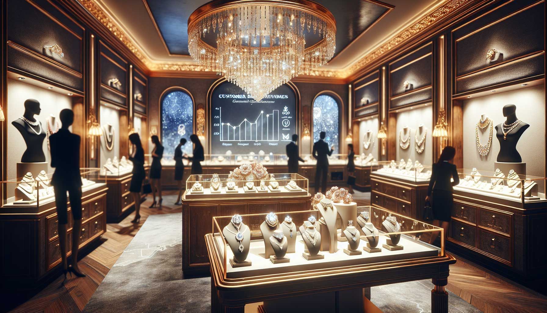 A luxurious jewelry store interior with a display of shimmering diamond and gold jewelry pieces. The setting is elegant, with warm lighting enhancing the sparkle of the gems. There's a detailed chart on the wall illustrating market trends and customer behaviors, with silhouettes of customers engaging with sales staff. An inviting atmosphere with lush materials and rich colors, suggesting a focus on future purchasing opportunities and innovations in customer engagement. Photo-realistic style, 16:9 ratio.