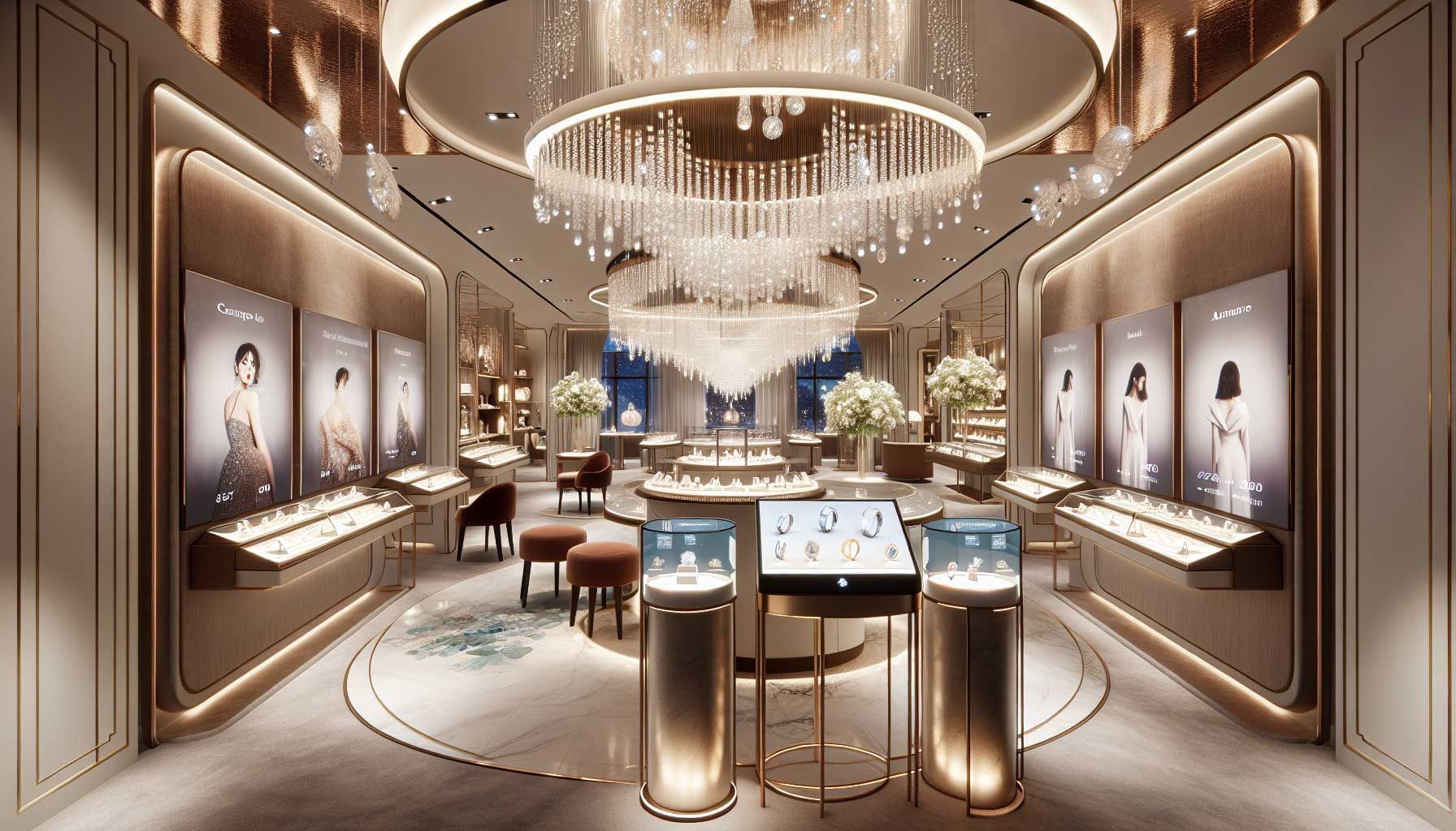 A photorealistic image of a luxurious jewelry store interior filled with elegant displays showcasing shimmering jewelry pieces under soft accent lighting. The ambiance is warm, inviting, and sophisticated, featuring rich textures, harmonious colors, and an enticing layout that encourages customers to explore. There are interactive digital screens displaying augmented reality options for trying on jewelry. The atmosphere embodies a sense of exclusivity and emotional connection, with subtle scent elements visually represented as flowing waves of luxury.