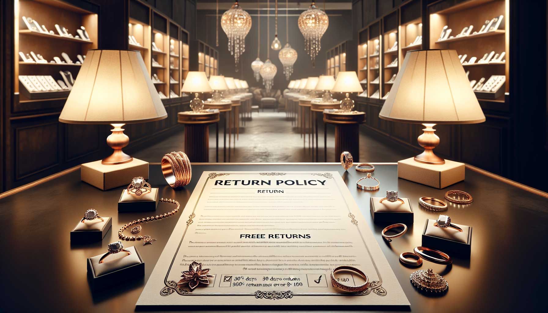 A sophisticated e-commerce jewelry store setting, displaying elegant jewelry pieces like rings and necklaces in a beautifully arranged display case. In the foreground, a detailed return policy document is visible, with key points like '30-day returns', 'original packaging', and 'free returns over $100' highlighted artistically. The environment is warm and inviting, with soft lighting emphasizing the luxurious nature of the jewelry, a cozy atmosphere that suggests customer care and attention to detail.