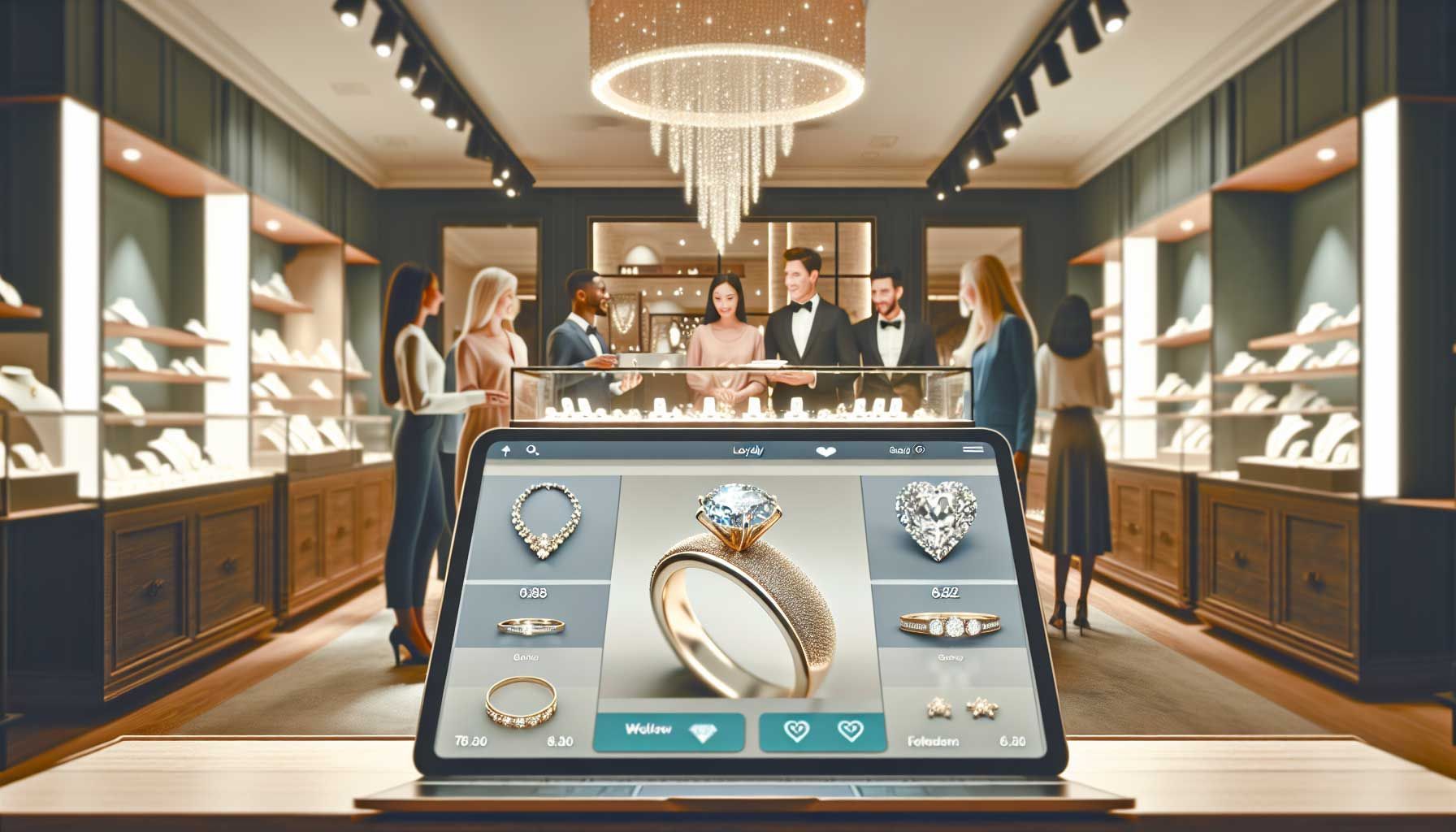 A beautifully designed jewelry e-commerce storefront showcasing elegant diamond rings and necklaces, with a warm and inviting atmosphere. Soft lighting accentuates the sparkle of the jewelry, and the background features a stylish display counter with friendly customer service representatives engaging with customers. In the foreground, a laptop screen shows a loyalty program interface, highlighting exclusive offers and customer testimonials. The overall scene creates a sense of community and personalization, reflecting the themes of customer retention and loyalty in the jewelry business.