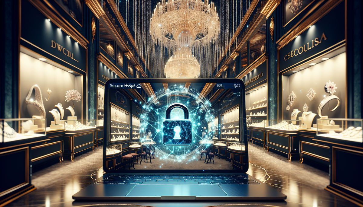 A close-up, photo-realistic representation of a jeweler's website on a computer screen displaying a secure HTTPS connection with a visible padlock symbol. In the background, the interior of a jewelry store with sparkling jewelry pieces, showcasing a blend of elegance and modern technology. The lighting emphasizes the luxurious atmosphere, creating a feeling of trust and security. Include subtle digital elements like encrypted data streams to highlight the SSL concept, while maintaining focus on the jeweler's captivating selection of fine jewelry.