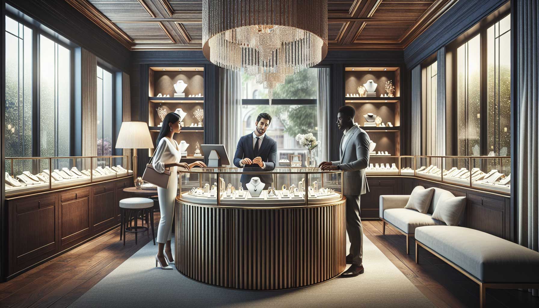 A serene jewelry store interior featuring elegant display cases with sparkling jewelry. A jeweler talking personally to a couple at a beautifully arranged table showcasing engagement rings and necklaces, with an inviting atmosphere created by soft lighting and a comfortable seating area. A digital booking interface subtly displayed on a modern tablet nearby, emphasizing the concept of 'shopping by appointment'. The background includes a tasteful blend of luxurious decor, and hints of nature through a large window, suggesting an exclusive and personal shopping experience. The image is photo-realistic, embodying sophistication and warmth for jewelers.