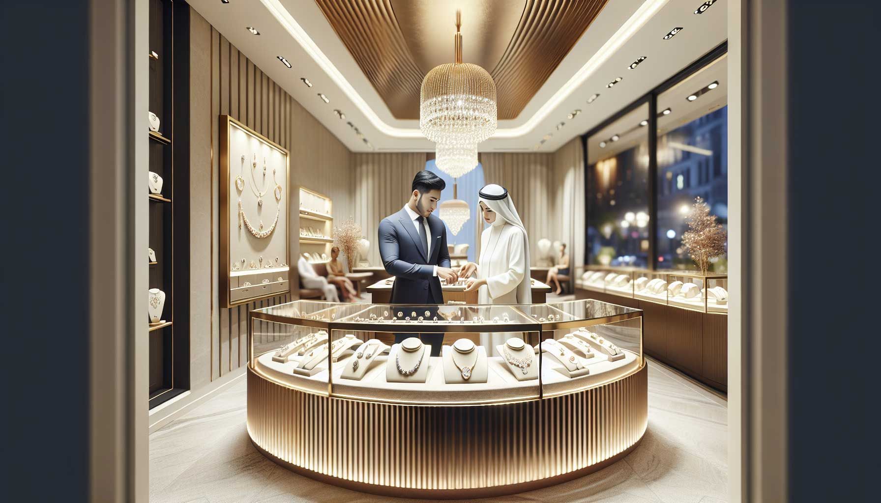 A luxurious jewelry store interior featuring elegantly displayed fine jewelry, with soft, warm lighting creating an inviting atmosphere. The store showcases a sleek design with a consistent color scheme of gold and white, highlighting the shiny jewels. A well-dressed salesperson provides personalized service to a customer, emphasizing customer-centric sales strategies. The scene embodies consistency in branding, customer experience, and high-quality service. This photo-realistic image captures the essence of a successful jewelry retail environment.