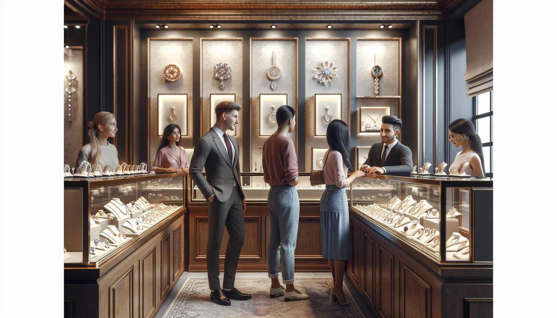 A photo-realistic image of a luxurious jewelry store interior, showcasing elegant displays of rings, necklaces, and bracelets. Behind the counter, a jeweler in a tailored suit attentively interacts with a diverse group of customers, highlighting a flexible and personalized service experience. The atmosphere is warm and inviting, with soft lighting and tasteful decor. Customers appear engaged and satisfied, creating an ambiance of trust and quality in customer care.