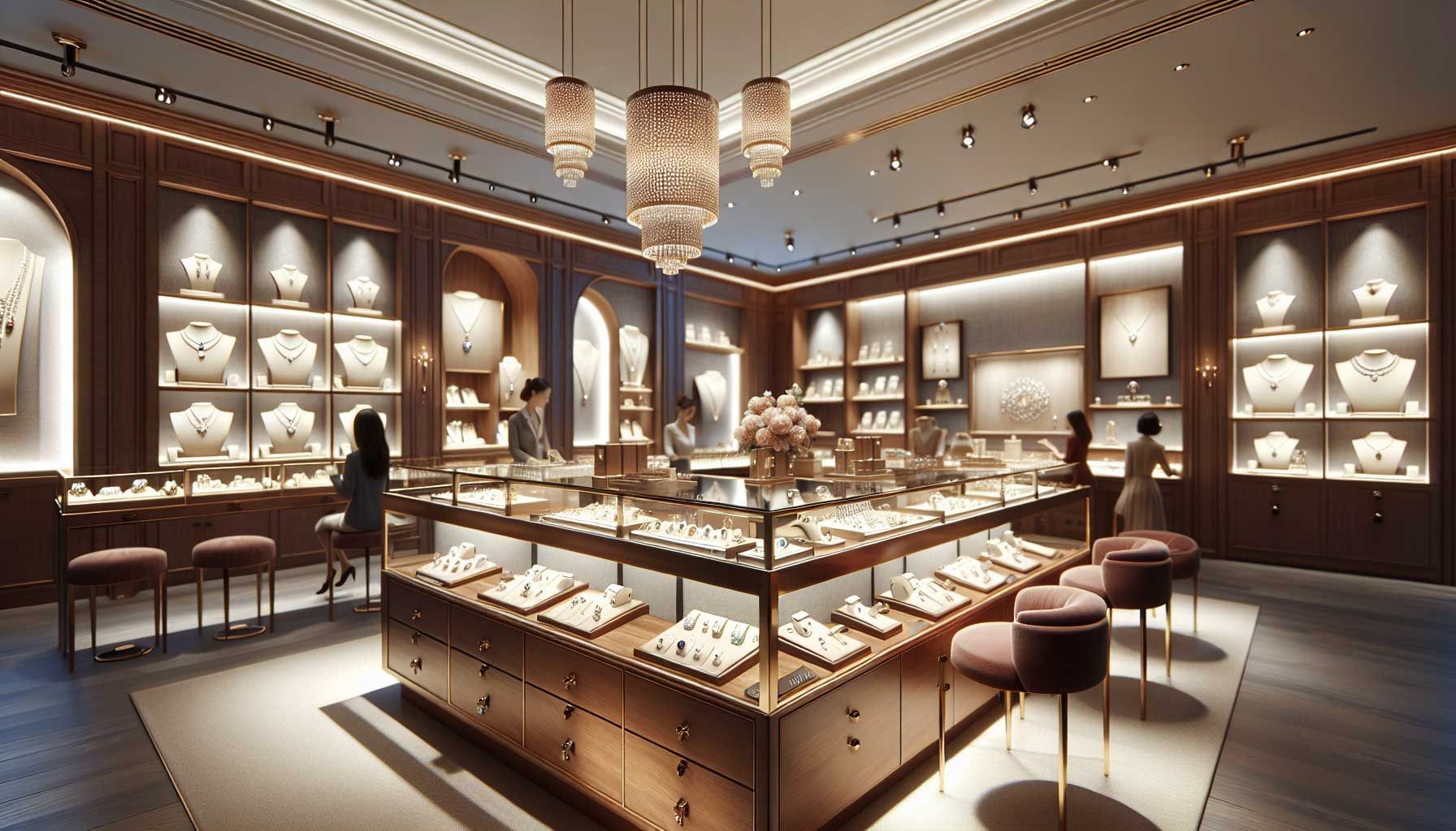 A photo-realistic image of a luxurious jewelry store interior, showcasing elegant displays of jewelry pieces that cater to a variety of budgets. The scene should include a welcoming atmosphere with soft lighting, polished wooden displays, and customers interacting with attentive staff. The focus is on showcasing a range of beautiful jewelry items, from affordable designs to high-end pieces, emphasizing respect for customer budgets. The image reflects trust and professionalism in a jeweler’s environment, with elements such as price tags visible but discreetly presented to convey transparency.