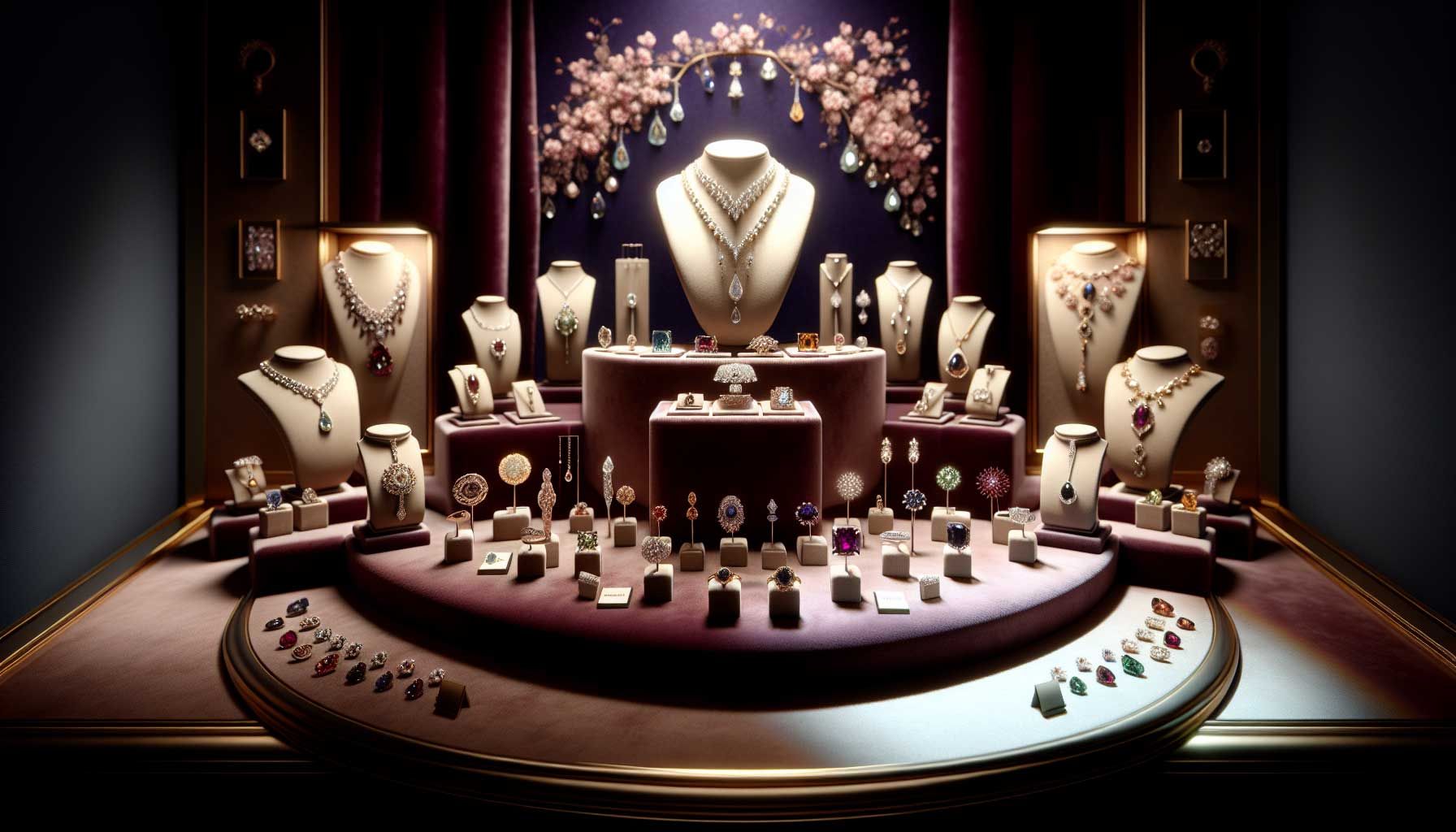 A luxurious jeweler's display showcasing exquisite jewelry pieces, set against a rich velvet backdrop. The scene is illuminated by warm, soft lighting that brings out the brilliance of diamonds and colored gemstones. Subtle textures are highlighted, contrasting shiny jewelry on matte surfaces, creating an inviting atmosphere. There are small elegant cards next to each piece, telling the story behind the jewelry. The display is creatively arranged, drawing attention and inviting customer interaction, with the suggestion of augmented reality technology subtly integrated into the presentation.