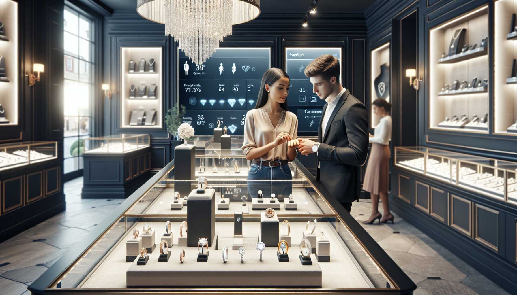 A sophisticated jewelry store interior, styled luxuriously with display cases showcasing beautiful rings, necklaces, and bracelets. A jeweler interacts with a satisfied customer, looking at a diamond piece. In the background, a digital screen displays customer preferences and trends, symbolizing modern technology integration in customer relationship management. Soft lighting creates an inviting atmosphere, enhancing the products' sparkle.