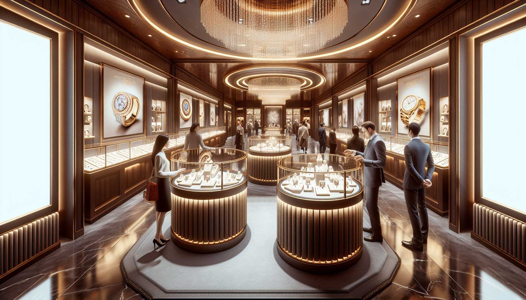 A luxurious jewelry store interior showcasing an elegant product presentation. Display cases filled with sparkling diamond rings, gold necklaces, and exquisite watches under soft, warm lighting. The layout features enticing zones and attractive signage, with a background of rich textures like velvet and polished wood. Customers are engaging with the products, while a trained salesperson shares the emotional stories behind the pieces. The atmosphere reflects exclusivity, sophistication, and an inviting shopping experience.