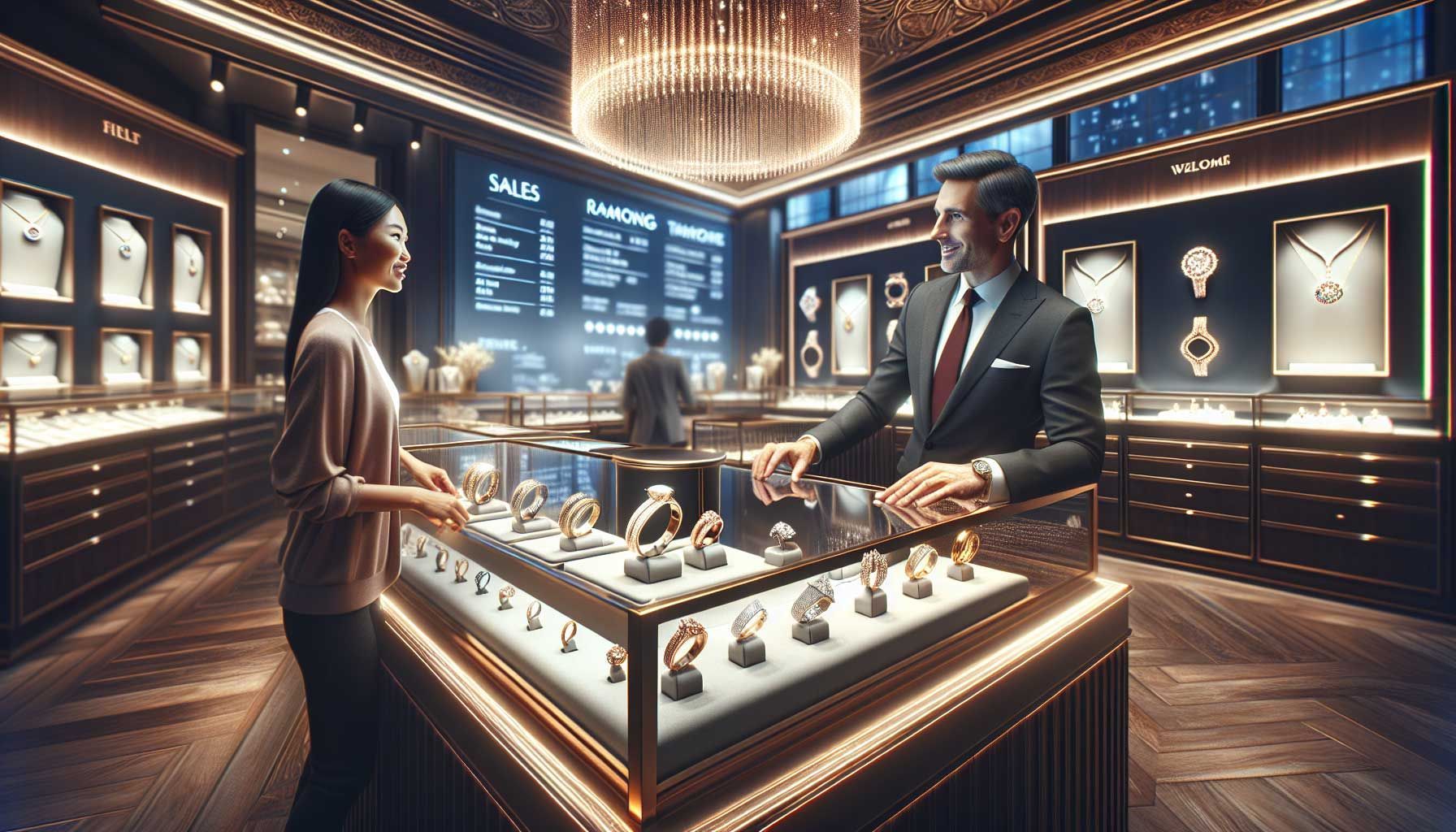 A luxurious jewelry store interior with elegant display cases showcasing sparkling rings and necklaces. The ambiance is warm and inviting with soft lighting highlighting the jewels. A jeweler is engaged in conversation with a customer, both smiling and showing positive body language. In the background, a digital screen displays sales data and seasonal promotions, illustrating the strategic use of timing in sales. The overall atmosphere conveys a sense of urgency and excitement, emphasizing the importance of timing in effective sales pitches.