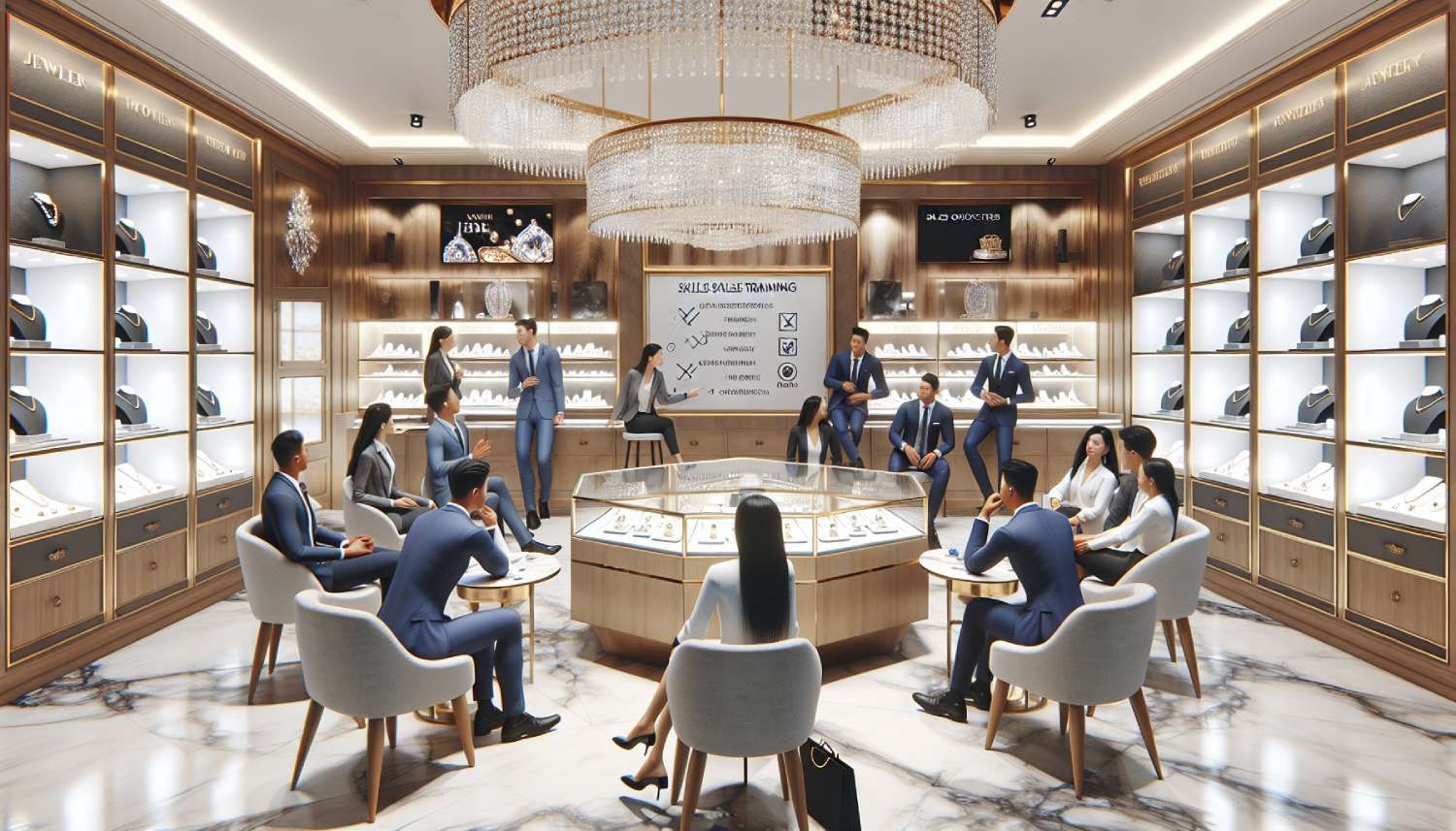 A luxurious jewelry store interior, featuring a well-organized training session with a diverse group of jewelers engaged in discussions and role-playing activities. Elegant jewelry displays, bright lighting, and comfortable seating create an inviting atmosphere. A whiteboard with sales tips and objectives is visible in the background. The scene captures a blend of professionalism and collaboration, emphasizing the importance of skilled sales training. Photorealistic style, 16:9 aspect ratio.