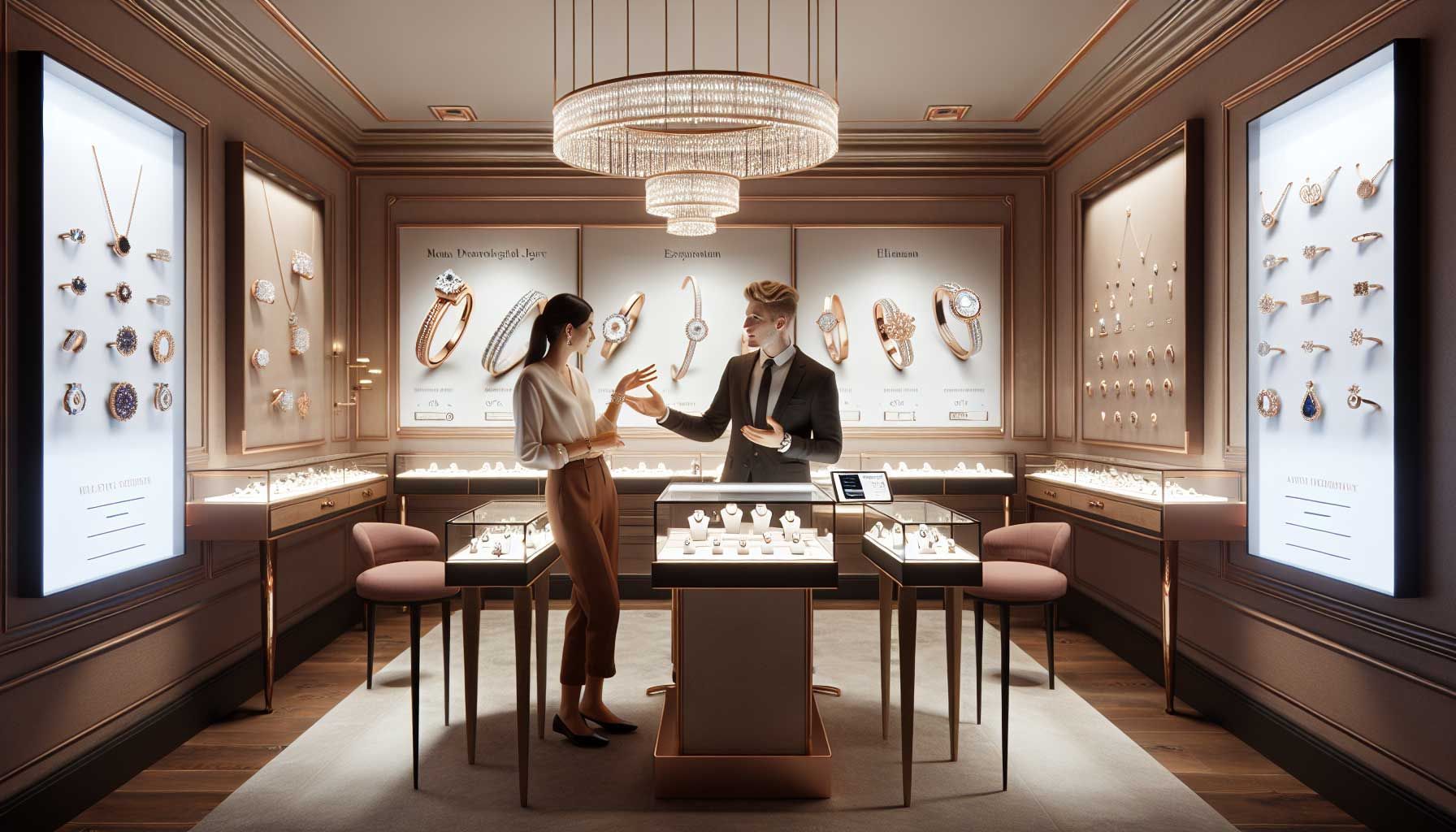 A sophisticated jewelers' shop interior with a warm ambiance, featuring elegant jewelry displays showcasing rings, necklaces, and bracelets. A jeweler is actively engaging with a customer, using hand gestures to illustrate a point, while the customer appears interested and attentive. Soft lighting highlights the sparkle of the jewelry. In the background, a stylish wall filled with testimonials and a modern CRM system on a tablet, emphasizing the use of technology in sales. The setting is bustling with a sense of urgency and exclusivity.