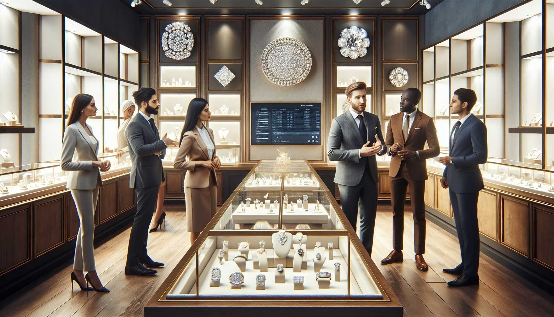 A luxurious jewelry store interior, showcasing elegant displays of diamonds, gold, and gemstones under soft ambient lighting. The scene captures a well-dressed jeweler engaging with a diverse group of customers, providing personalized advice, while a digital screen in the background displays sales data and CRM systems. The atmosphere is inviting, reflecting a blend of sophistication and warmth, emphasizing customer relationships and consultation.