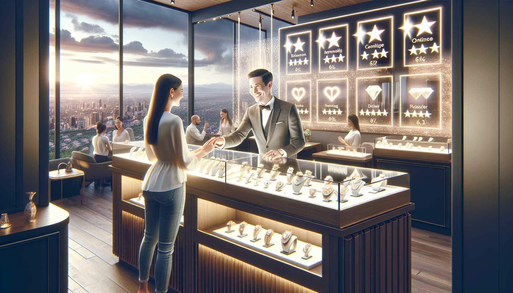 A photo-realistic landscape image showcasing a luxurious jewelry store environment with elegant displays of sparkling jewelry pieces. The scene includes a knowledgeable jeweler assisting a happy customer, creating a welcoming atmosphere. In the background, multiple digital screens display positive online reviews and ratings, illustrating the importance of online reputation. Soft, warm lighting enhances the appeal of the jewelry and reflects a sense of trust and professionalism in the jewelry business.