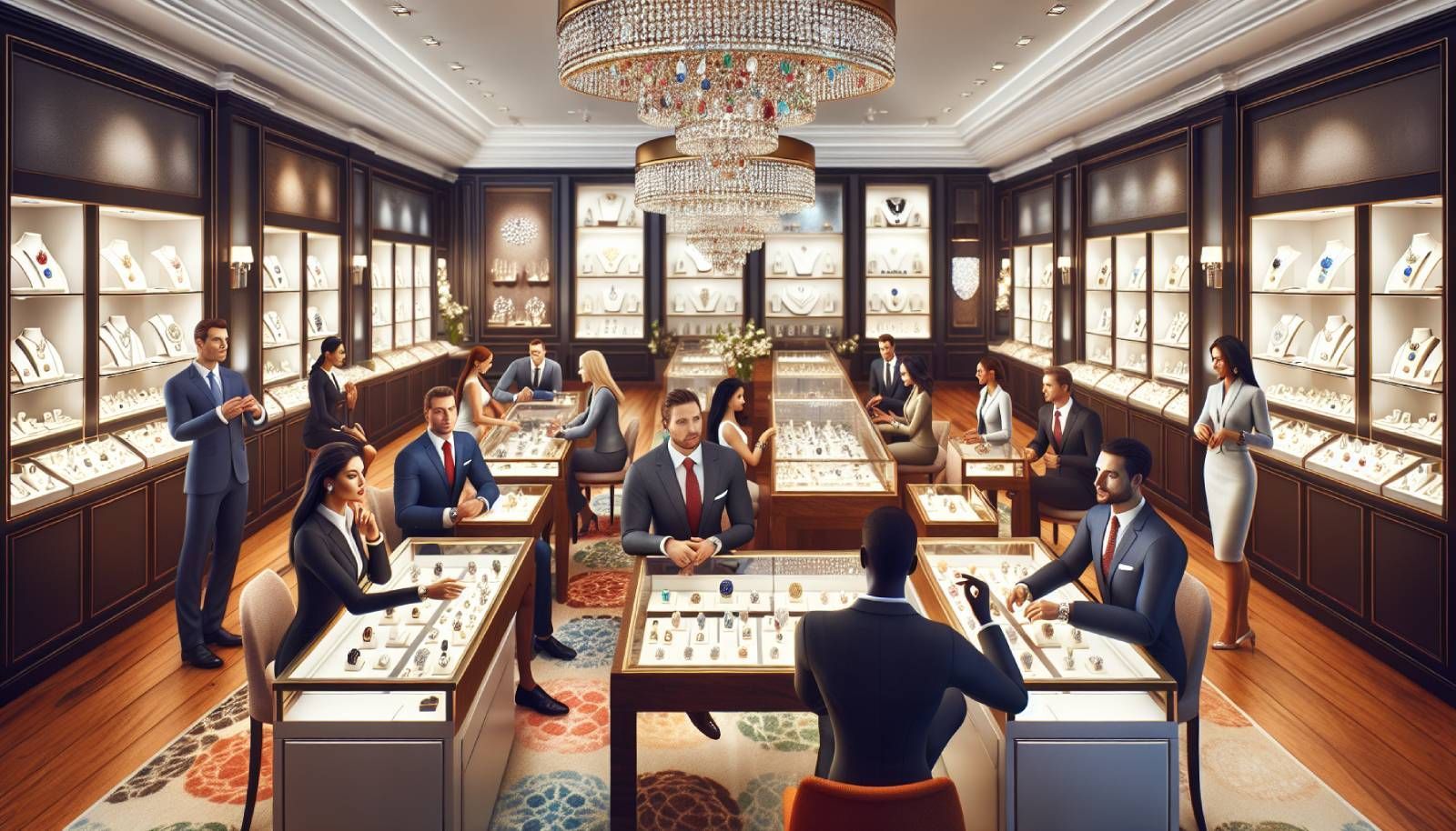 A luxurious jewelry store interior showcasing well-dressed staff engaged in training sessions on effective selling techniques. They are practicing communication skills with each other, demonstrating concepts of empathetic listening and showcasing various exquisite jewelry pieces. The environment is bright and inviting, with elegant displays of sparkling diamonds and colorful gemstones. Rich, warm colors dominate the scene, creating a feeling of sophistication and customer engagement while capturing the essence of a high-end jewelry retail atmosphere.