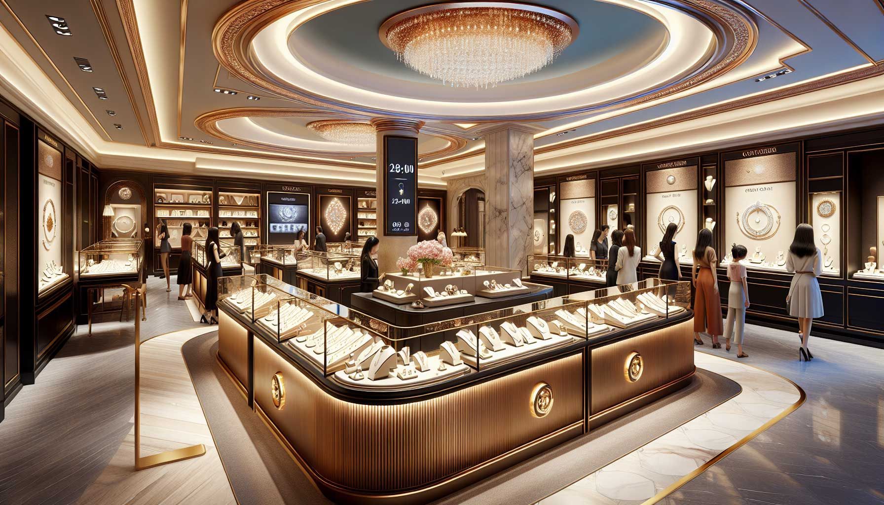 A luxurious, elegantly designed jewelry store interior showcasing a variety of sparkling jewelry pieces displayed under soft, warm lighting. An elegant sign indicates a limited time offer, creating a sense of urgency. Various customers are shown engaging and admiring the pieces, with a countdown timer visible on a digital screen in the background, emphasizing time-sensitive promotions. The overall atmosphere is inviting and high-end, highlighting emotional connections to the items and the importance of customer relationships.