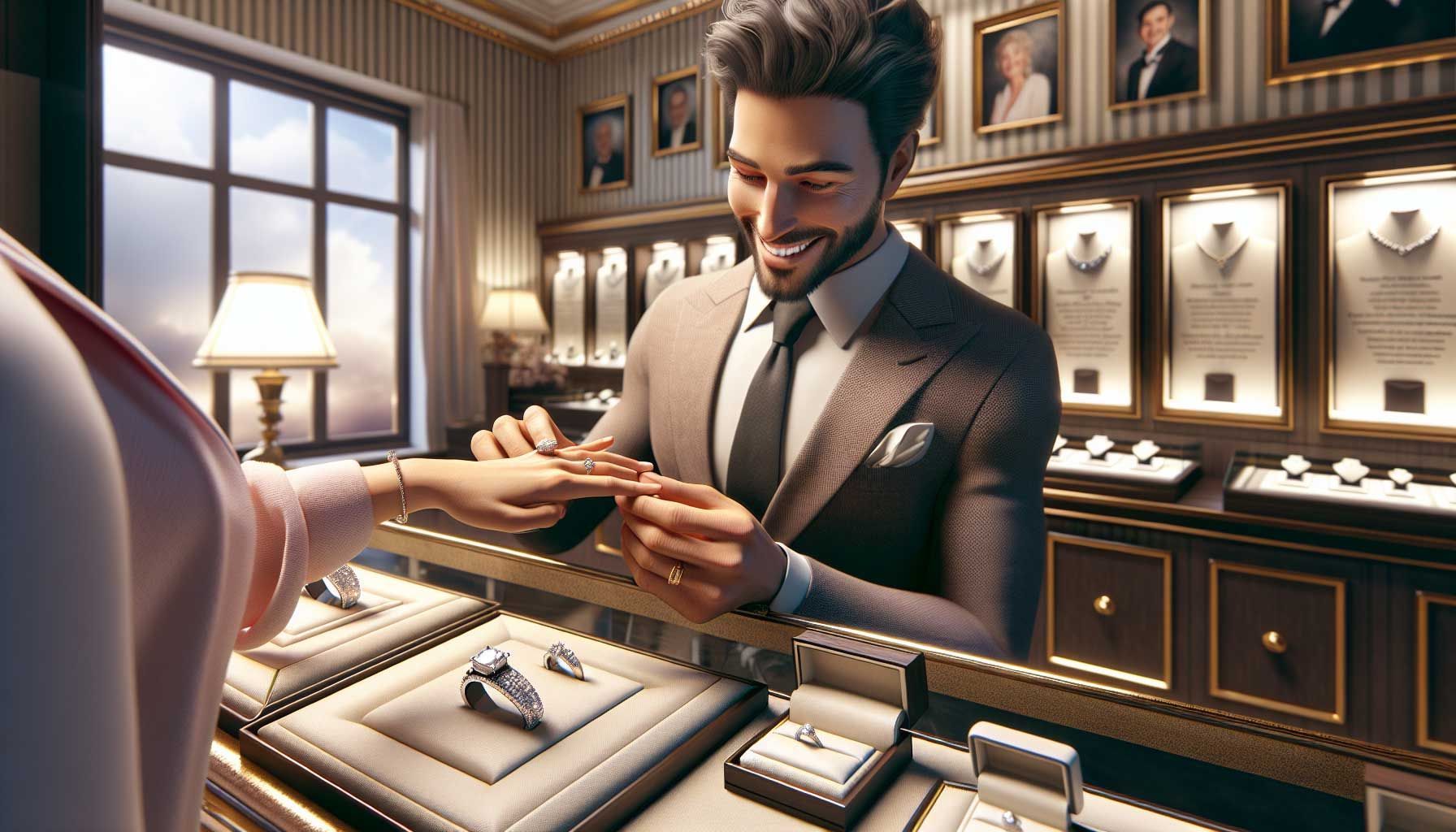 A photo-realistic landscape image depicting a luxurious jewelry store interior, elegantly showcasing exquisite jewelry pieces like rings and necklaces. The scene includes a happy, satisfied customer trying on a beautiful engagement ring, with a beaming smile, while a friendly jeweler assists them. In the background, there are framed testimonials of other satisfied customers on the wall, with soft lighting highlighting the jewelry and creating an atmosphere of trust and sophistication.