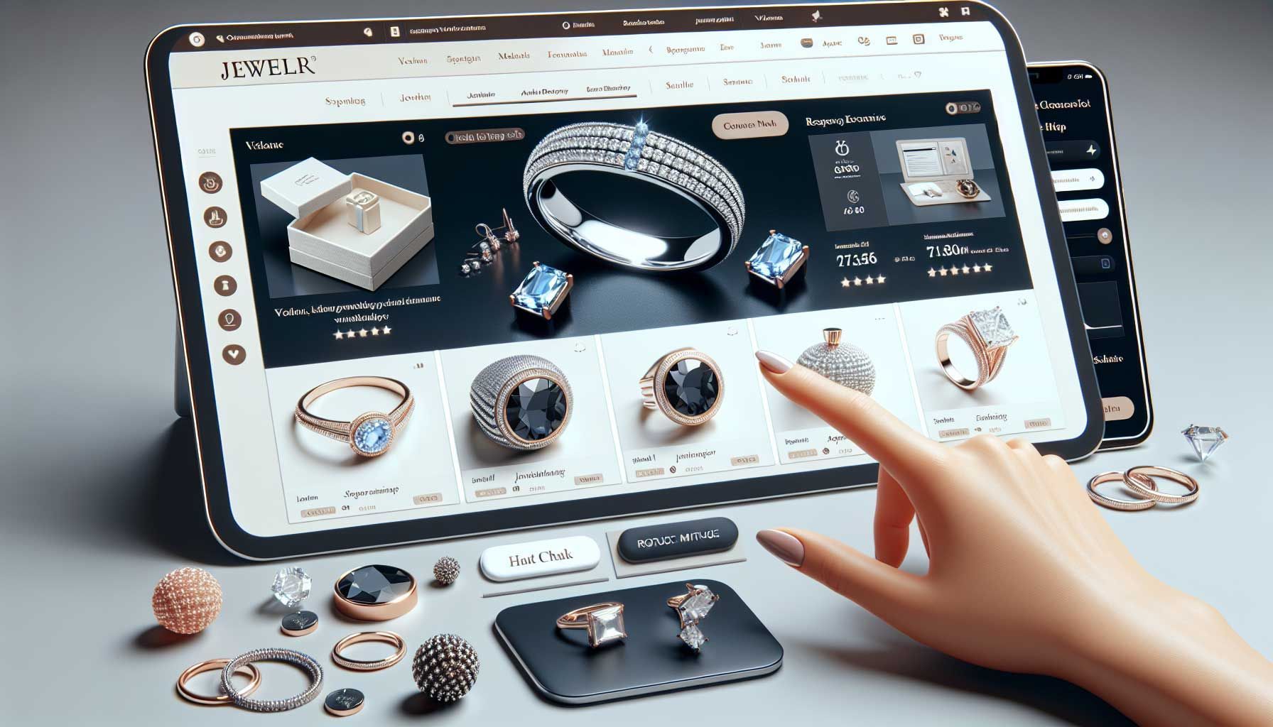 A professional and modern webshop interface aimed at jewelers, emphasizing usability and aesthetic design. The image shows an overview of a jewelry webshop with clear and simple navigation, responsive elements that adapt to different screen sizes, and quality product images of jewelry. The interface features an attractive color scheme that aligns with luxury branding, with visual elements such as dropdown menus, review sections, and a chat function. All in a photo-realistic style, making it inviting and user-friendly for online shoppers.