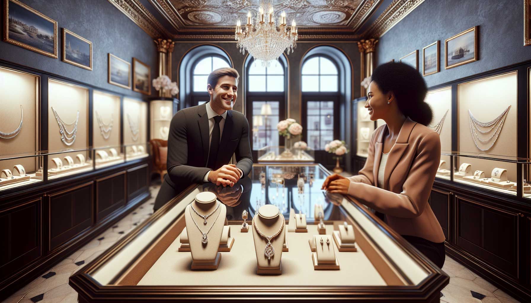 A photo-realistic image of a sophisticated jeweler's shop interior, showcasing elegant displays of fine jewelry, such as diamond rings and necklaces, with a warm and inviting atmosphere. In the foreground, a jeweler is engaging in a light-hearted conversation with a customer, both smiling and showing a relaxed demeanor. The background features soft ambient lighting and tasteful decorations that emphasize luxury. The scene captures the balance between professionalism and relatability, emphasizing the importance of humor in the sales process.