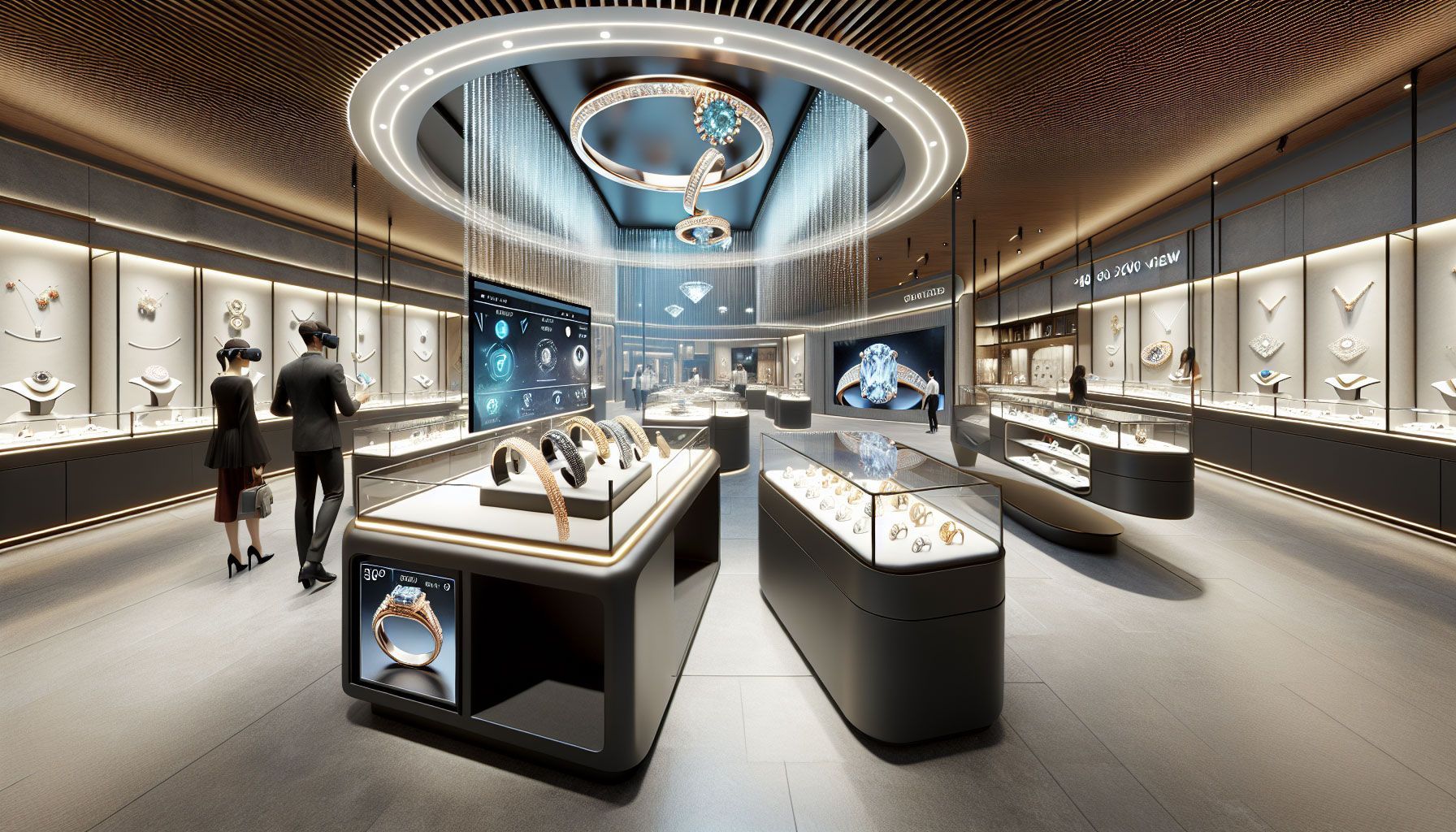 A photo-realistic scene of a luxurious virtual jewelry showroom, showcasing elegant jewelry pieces like rings, necklaces, and bracelets displayed in a modern, immersive environment. The space is designed with sleek, futuristic architecture, soft lighting that highlights the sparkle of the gems, and customers wearing VR headsets, interacting with the jewelry in a virtual space. Include a 360-degree view option visible on a screen, demonstrating a rich and engaging shopping experience for jewelers. The overall atmosphere is sophisticated, conveying innovation in online shopping for jewelry.