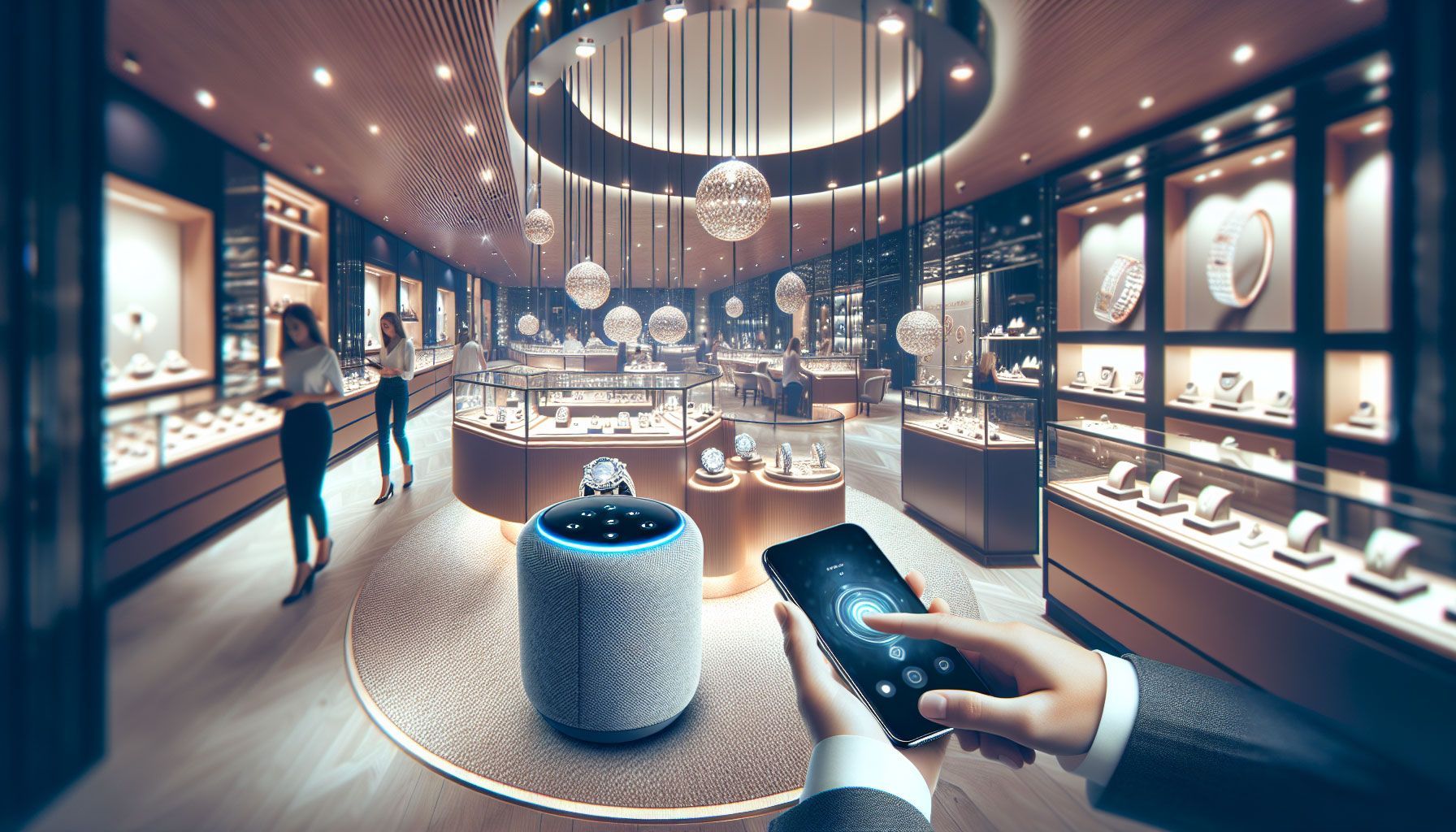 A photo-realistic image showcasing a modern jewelry store interior, with a user interacting with a smart speaker and using voice search on a smartphone. The ambiance is elegant, featuring sparkling diamond rings and luxurious displays. Include details like a stylish layout, warm lighting, and high-end jewelry pieces prominently displayed. The scene conveys the fusion of technology and jewelry retail, illustrating the impact of voice search on shopping habits, emphasizing a connection between traditional luxury and modern convenience.