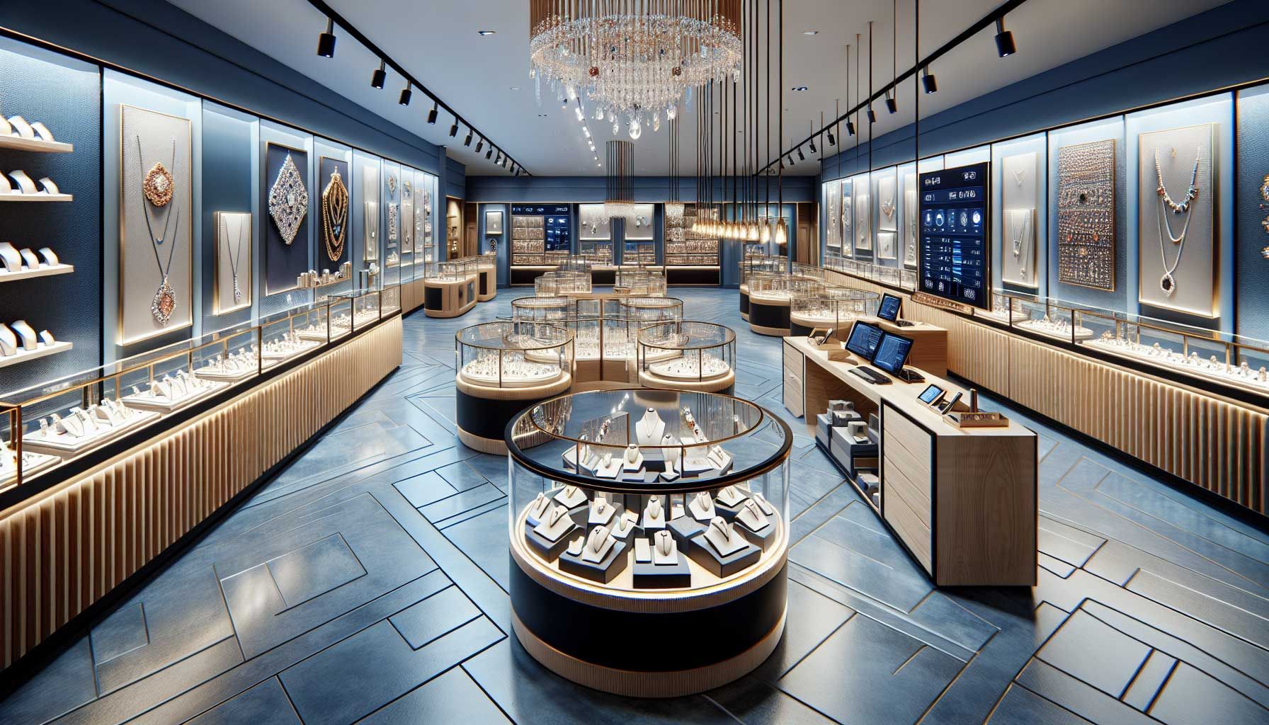 A photo-realistic landscape image showcasing a modern jewelry store interior, with glass display cases filled with fine jewelry pieces, highlighting various inventory management methods. Visual indicators of automatic ordering systems, manual order sections, and return processing areas are subtly integrated. The atmosphere exudes a vibrant retail environment, with a focus on elegant jewelry items, a cash register, and digital screens displaying inventory management metrics, conveying a sense of efficiency and sophistication for jewelers.